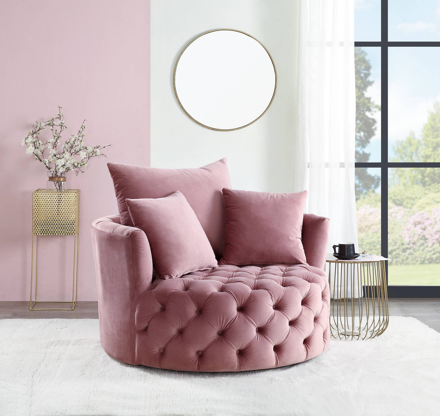 Pink velvet swivel chair with tufted details and plush throw pillows for a cozy living room