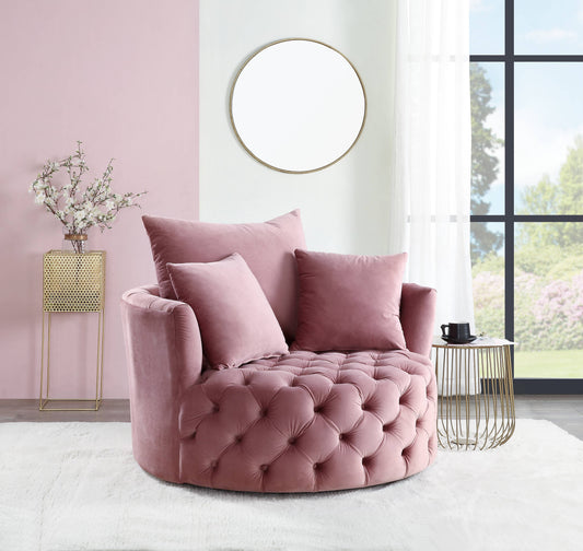Pink velvet swivel chair with tufted details and plush throw pillows for a cozy living room