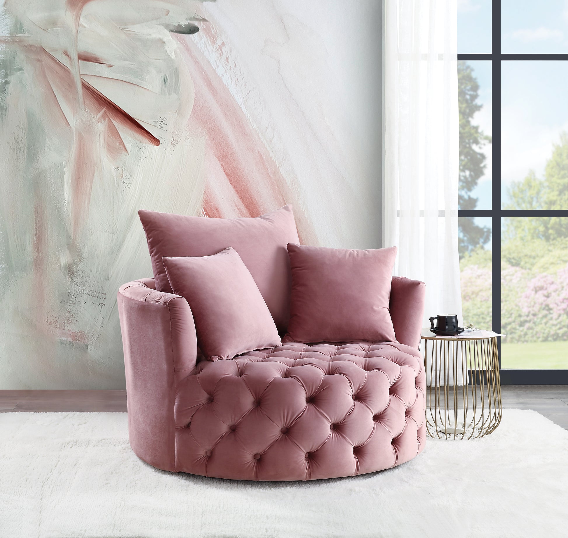 Tufted blush pink velvet swivel accent chair with comfortable cushions for modern living rooms