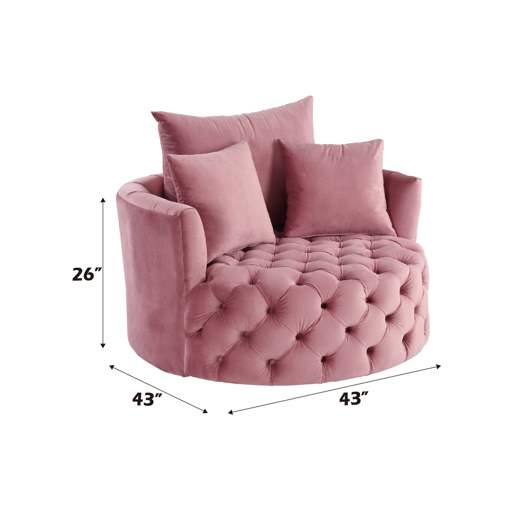Round blush pink velvet accent chair with tufted seat and included pillows