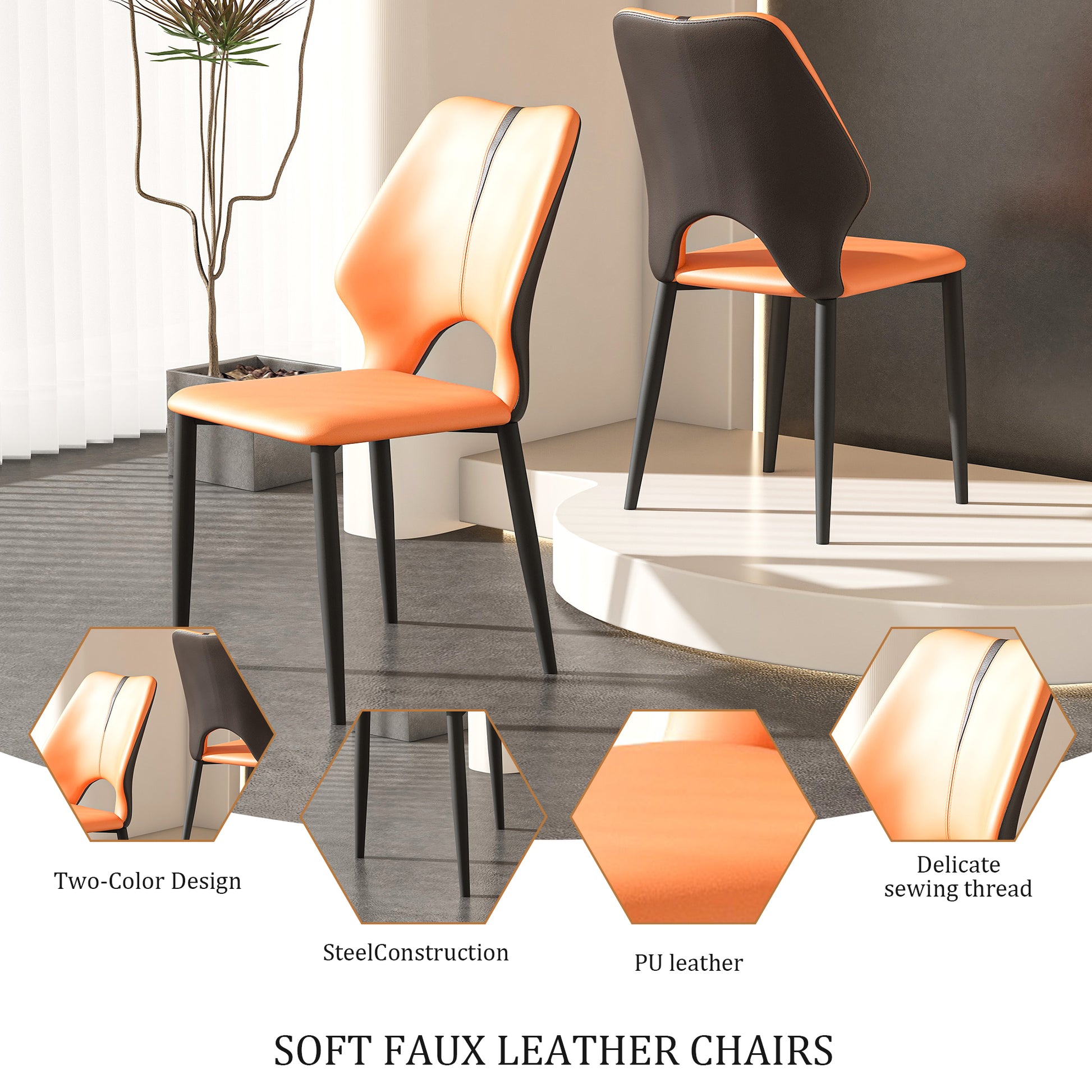 Twotone orange and black faux leather dining chair with sleek black metal legs