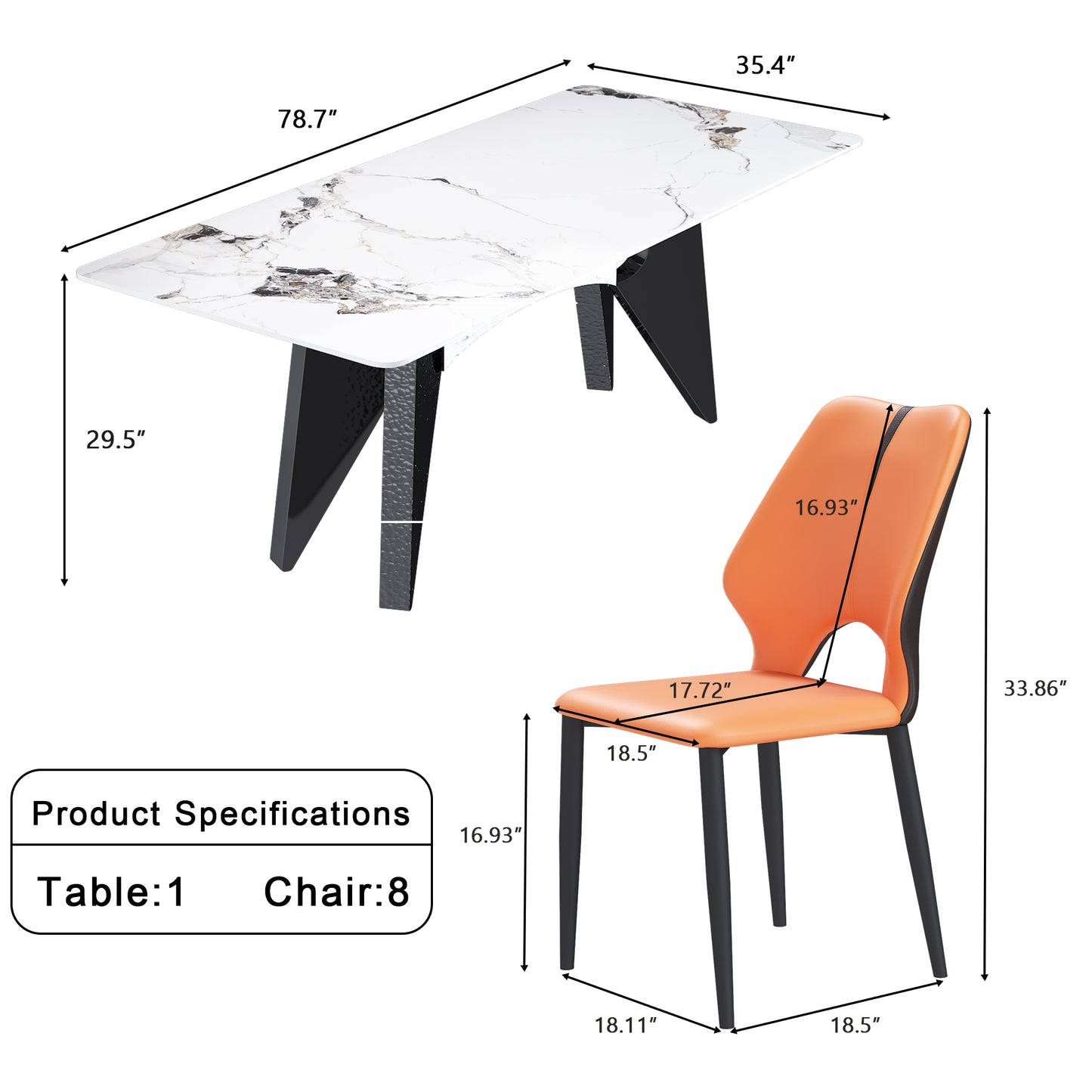 Modern marble dining table with black metal legs  L x  W