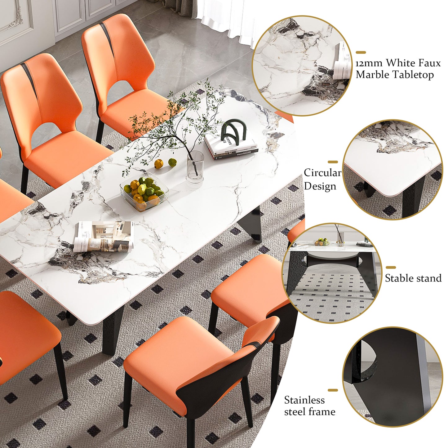 Orange upholstered dining chairs with black accents around a white faux marble tabletop