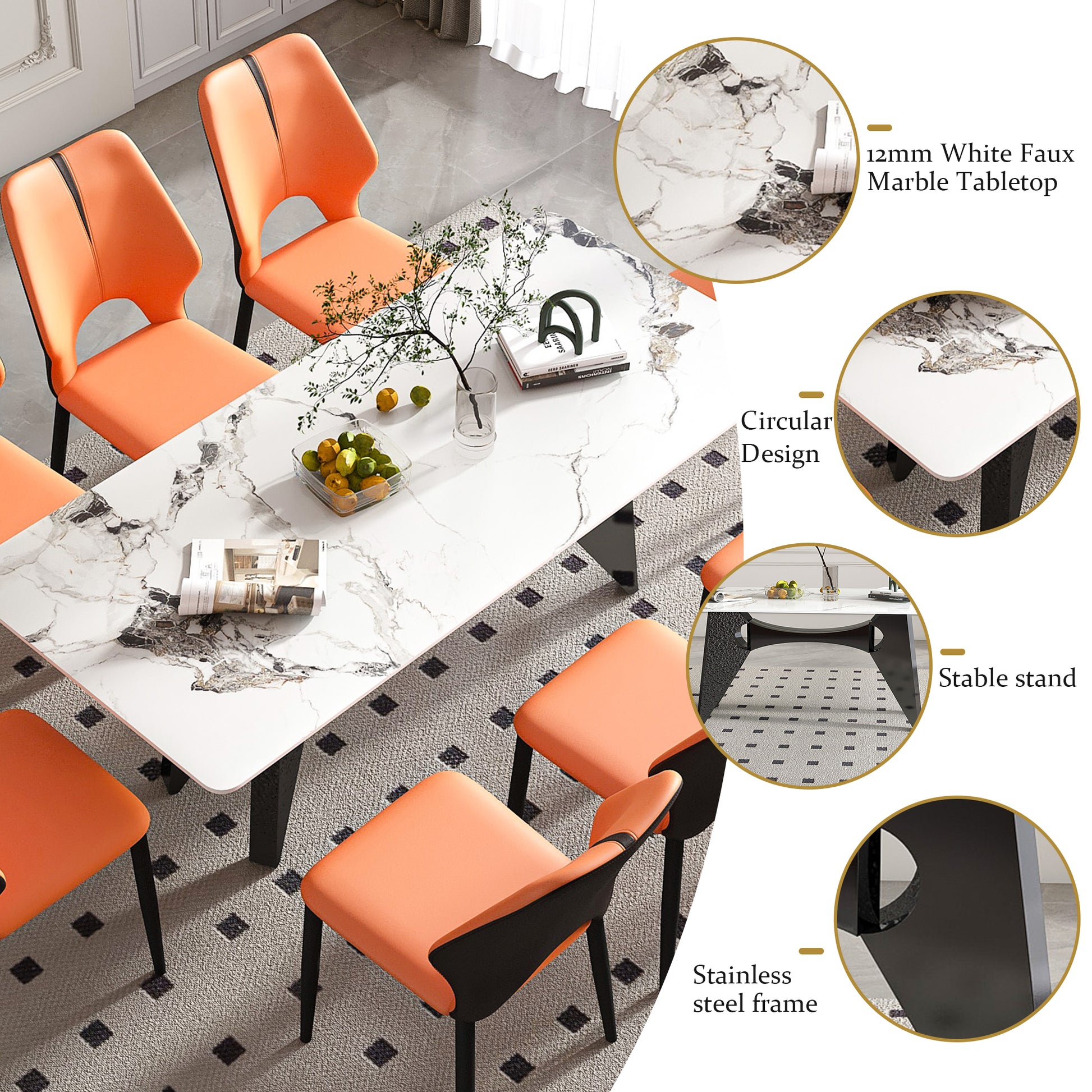 Orange upholstered dining chairs with black accents around a white faux marble tabletop