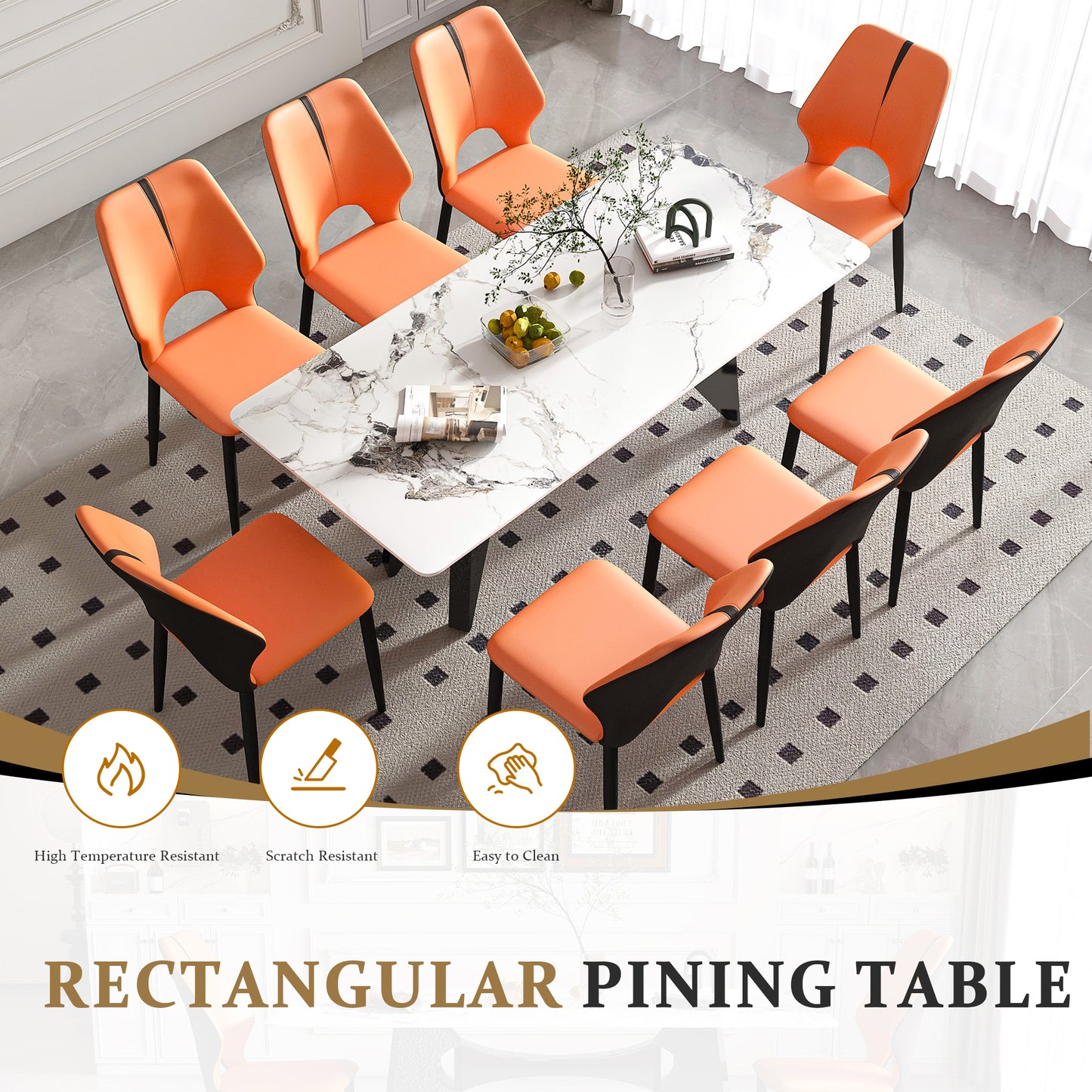 Modern rectangular dining table with a marblelook top and black legs surrounded by orange upholstered chairs