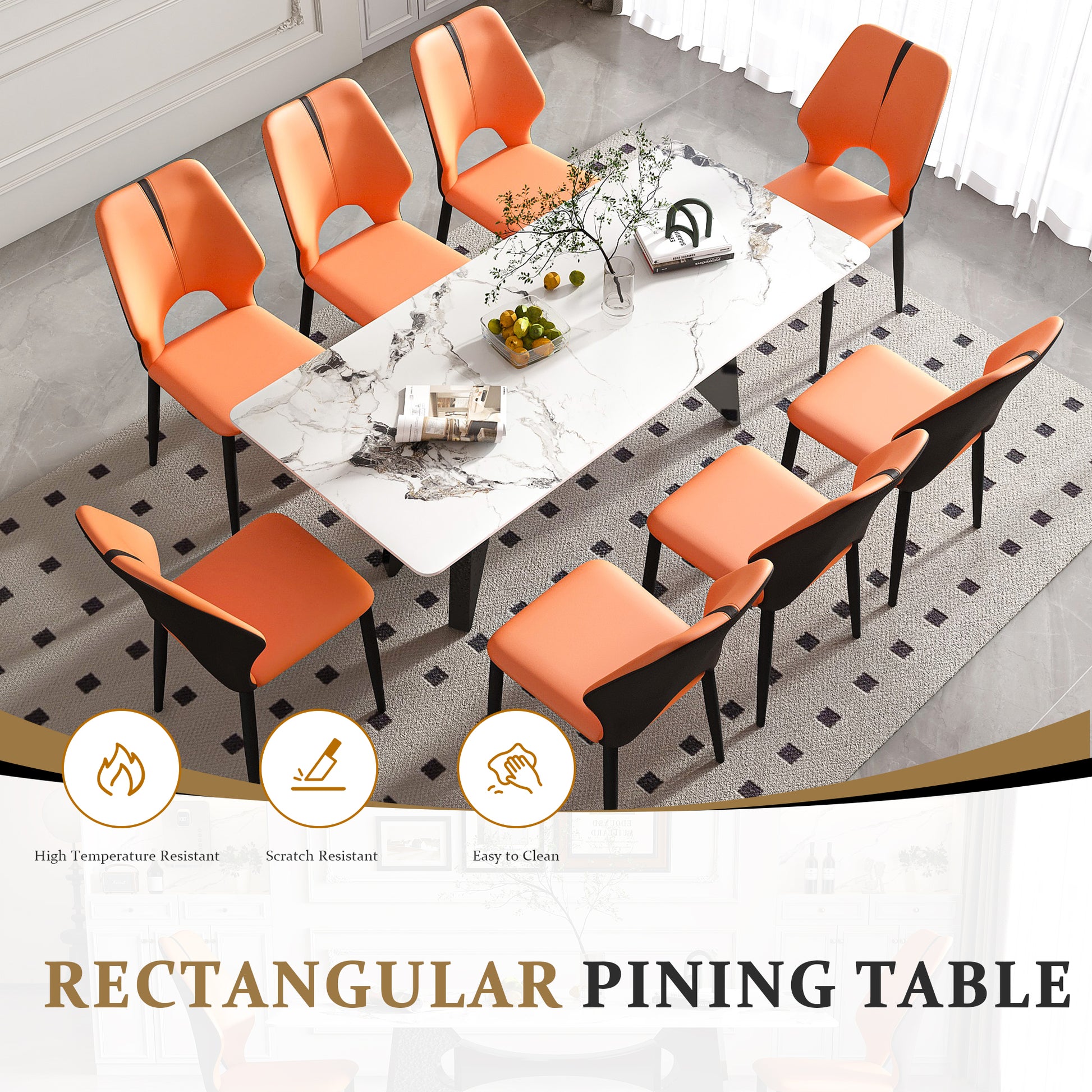 Modern rectangular dining table with a marblelook top and black legs surrounded by orange upholstered chairs