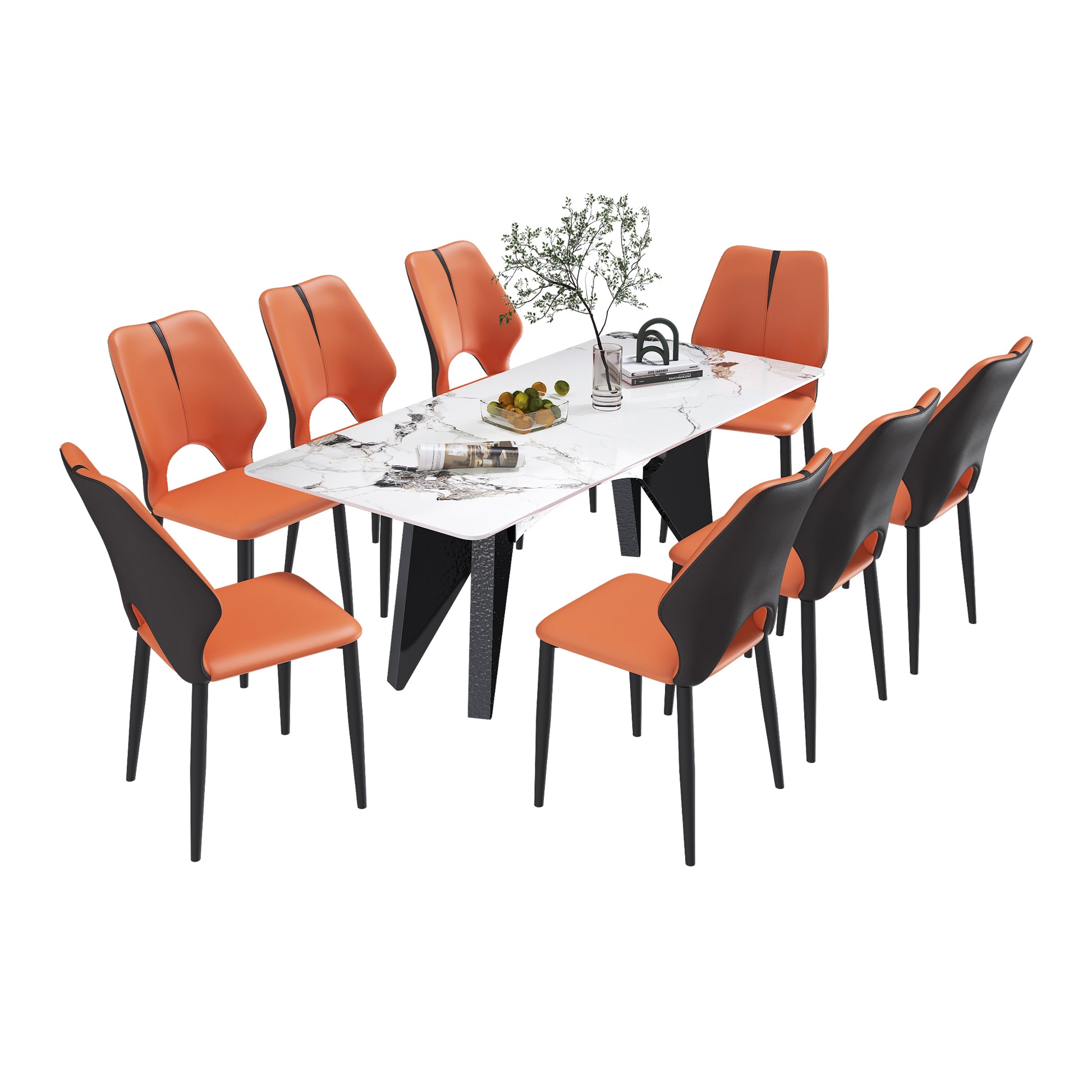 Modern dining set with  orange leather chairs and a marbletop table on black legs