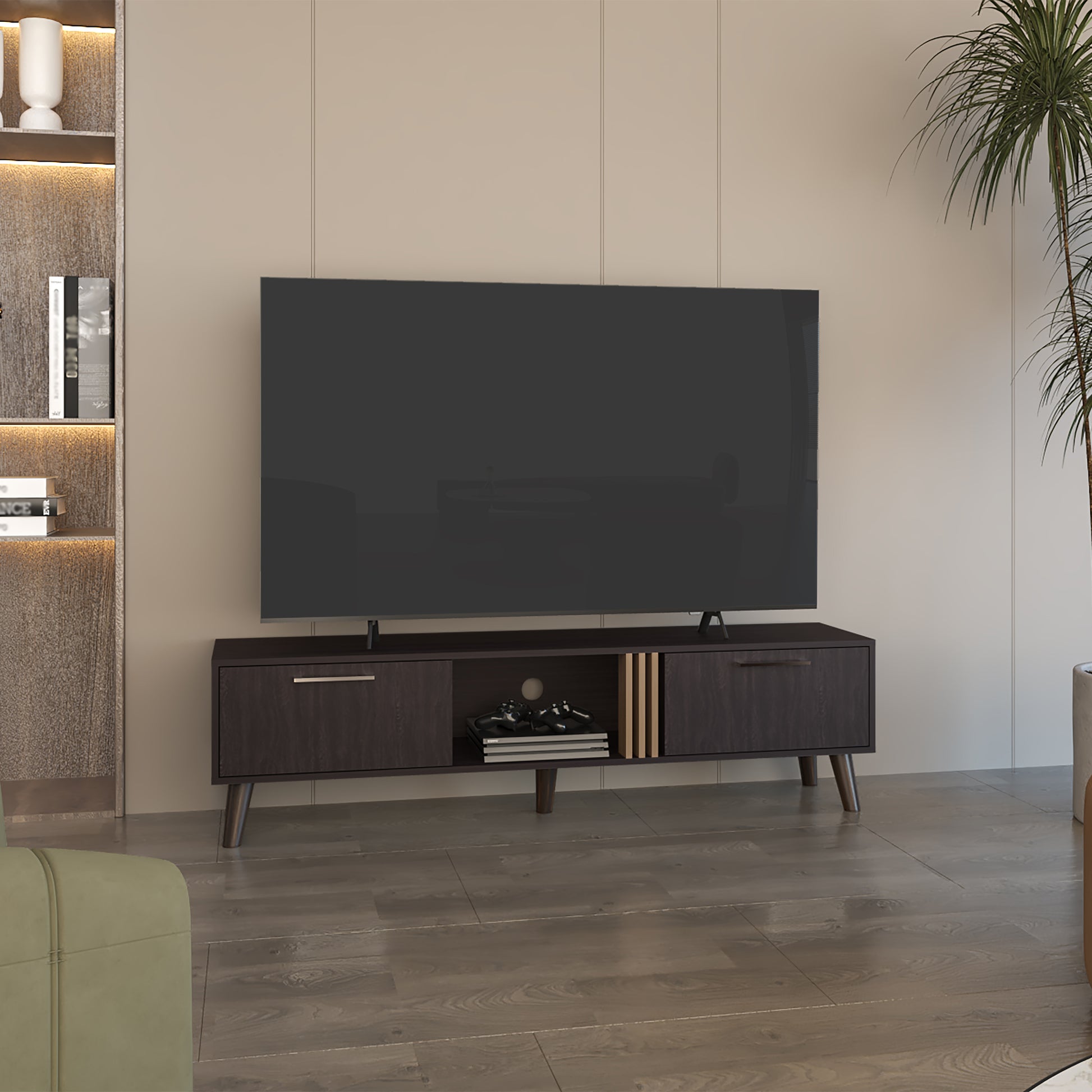 Dark wood tv stand with gold accents and open shelving for media consoles