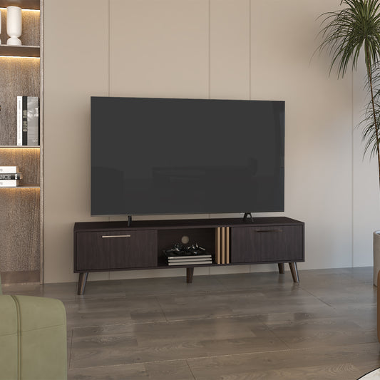 Dark wood tv stand with gold accents and open shelving for media consoles