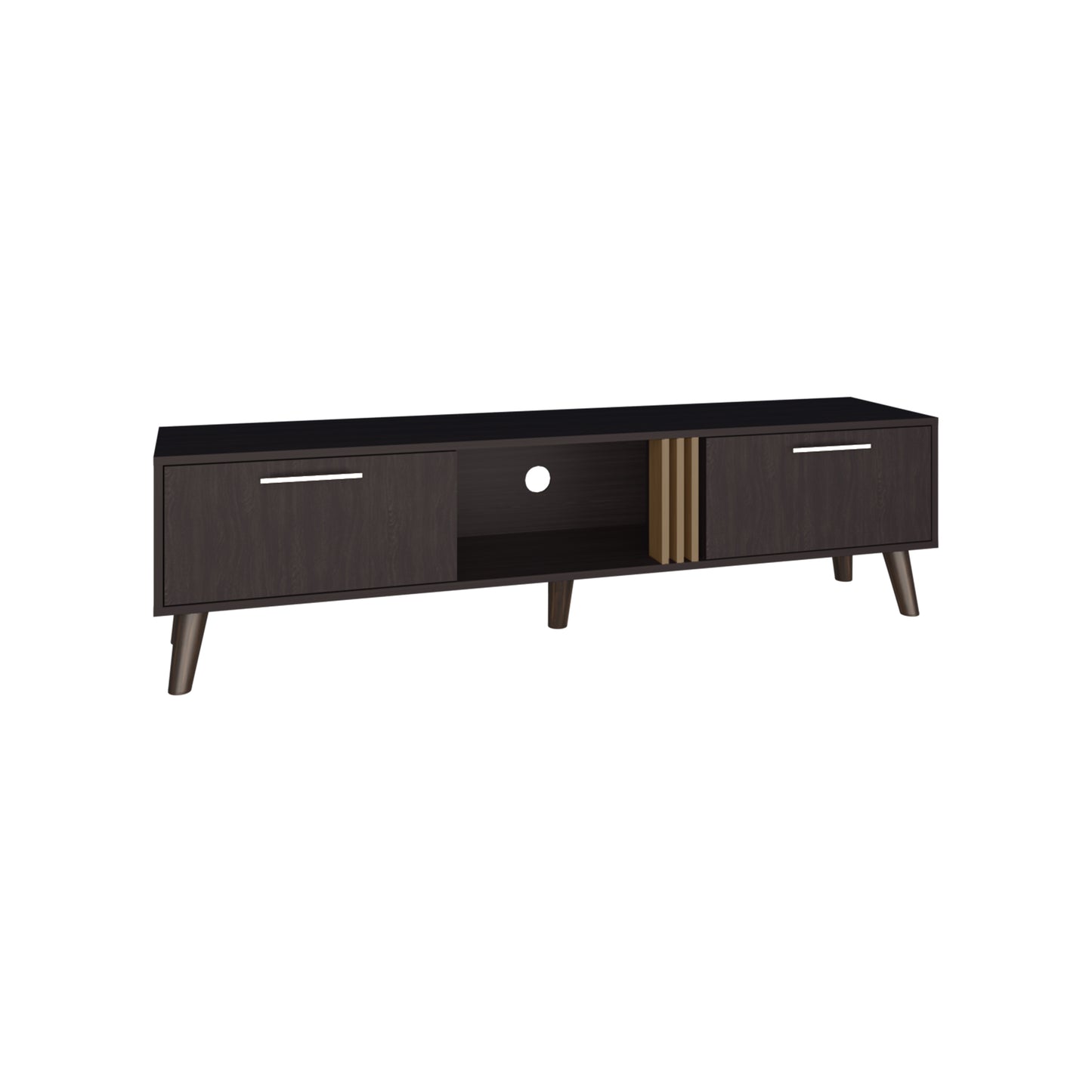 Dark wood media console with two drawers and open shelving midcentury modern design