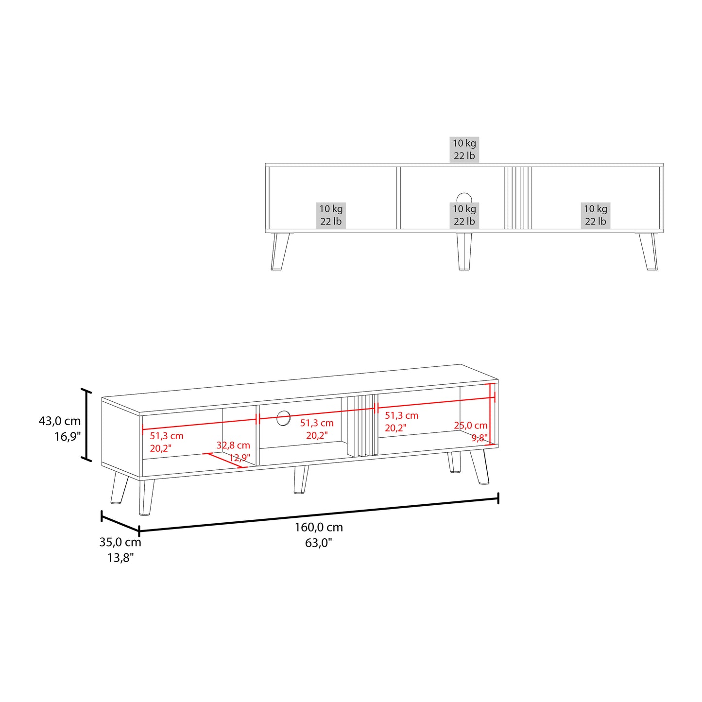 Diagram of a modern media console with dimensions cm long cm high cm deep