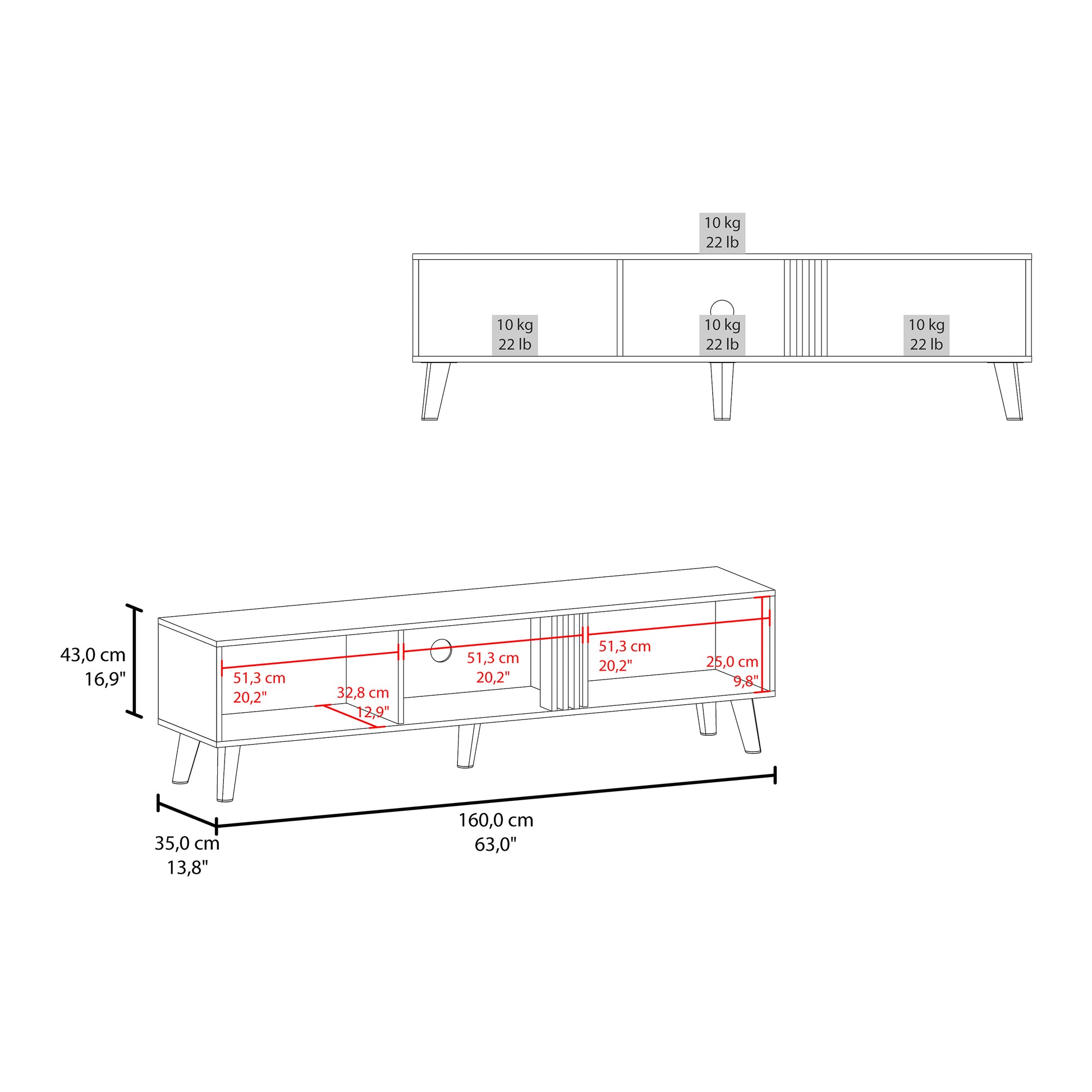 Diagram of a modern media console with dimensions cm long cm high cm deep