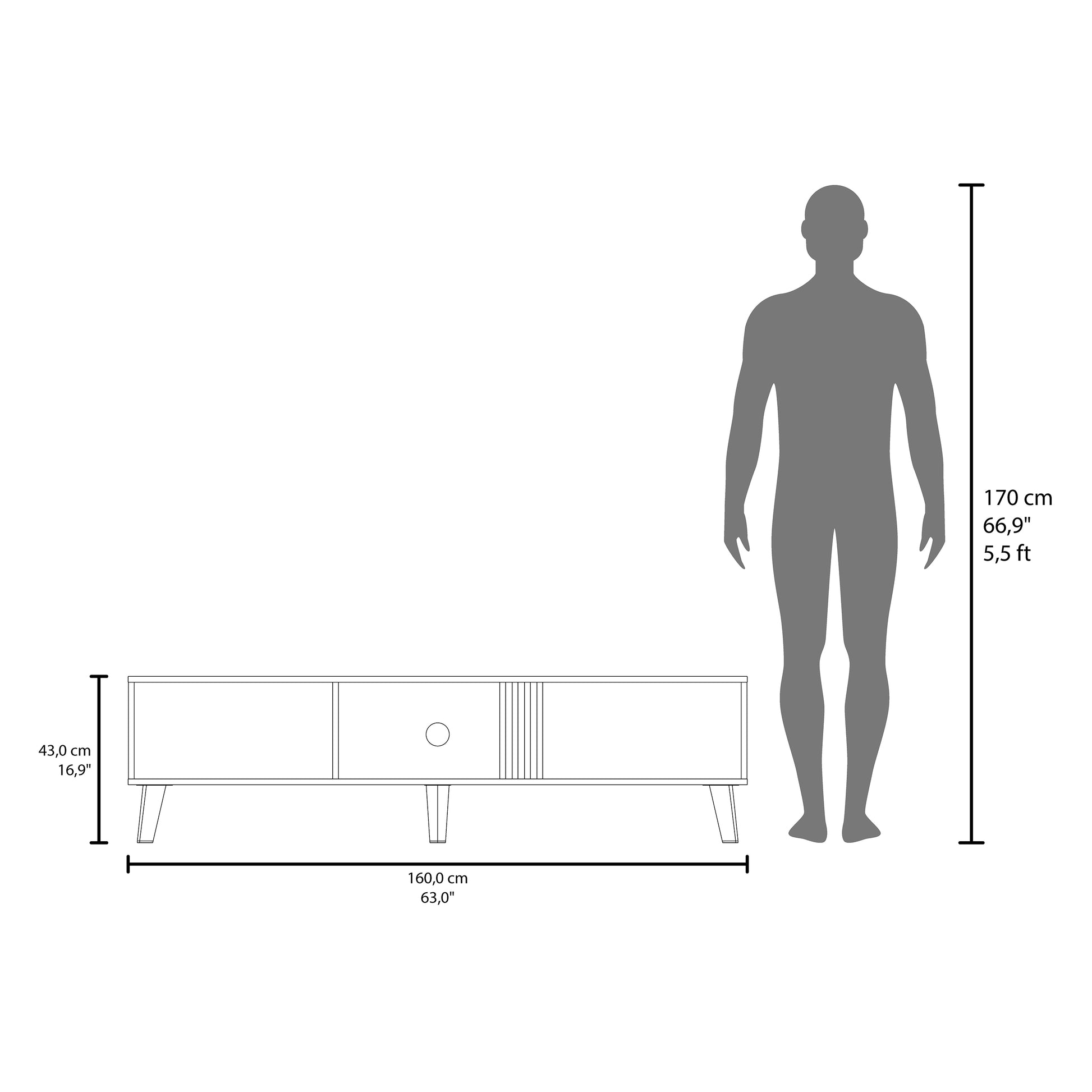 Modern entertainment center cm long cm high with angled legs and open shelf