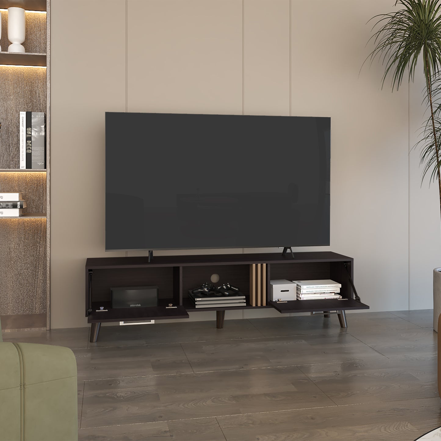 Dark wood TV stand with multiple compartments and flipdown doors for media storage
