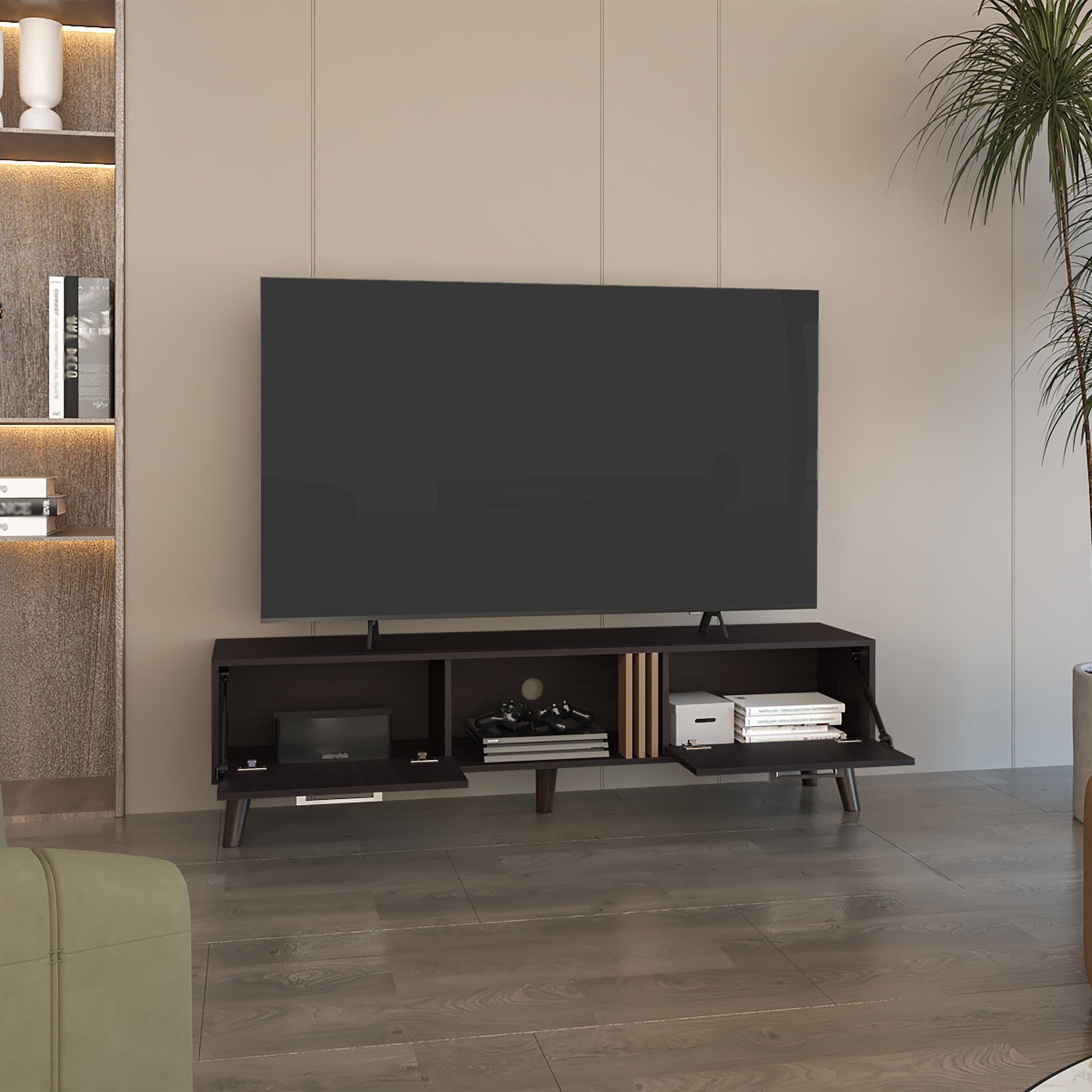 Dark wood TV stand with multiple compartments and flipdown doors for media storage