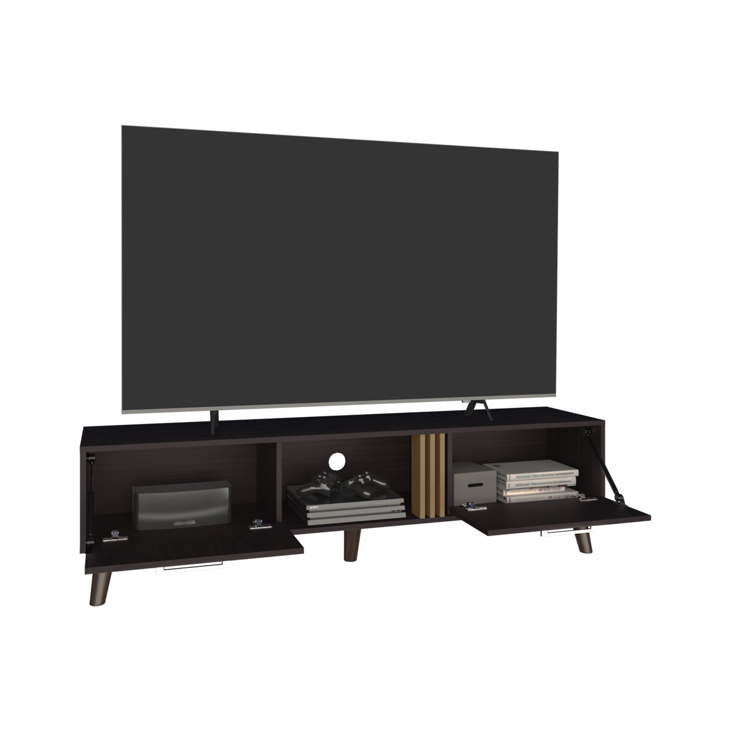 Dark wood media console with open cabinets and a large TV stand