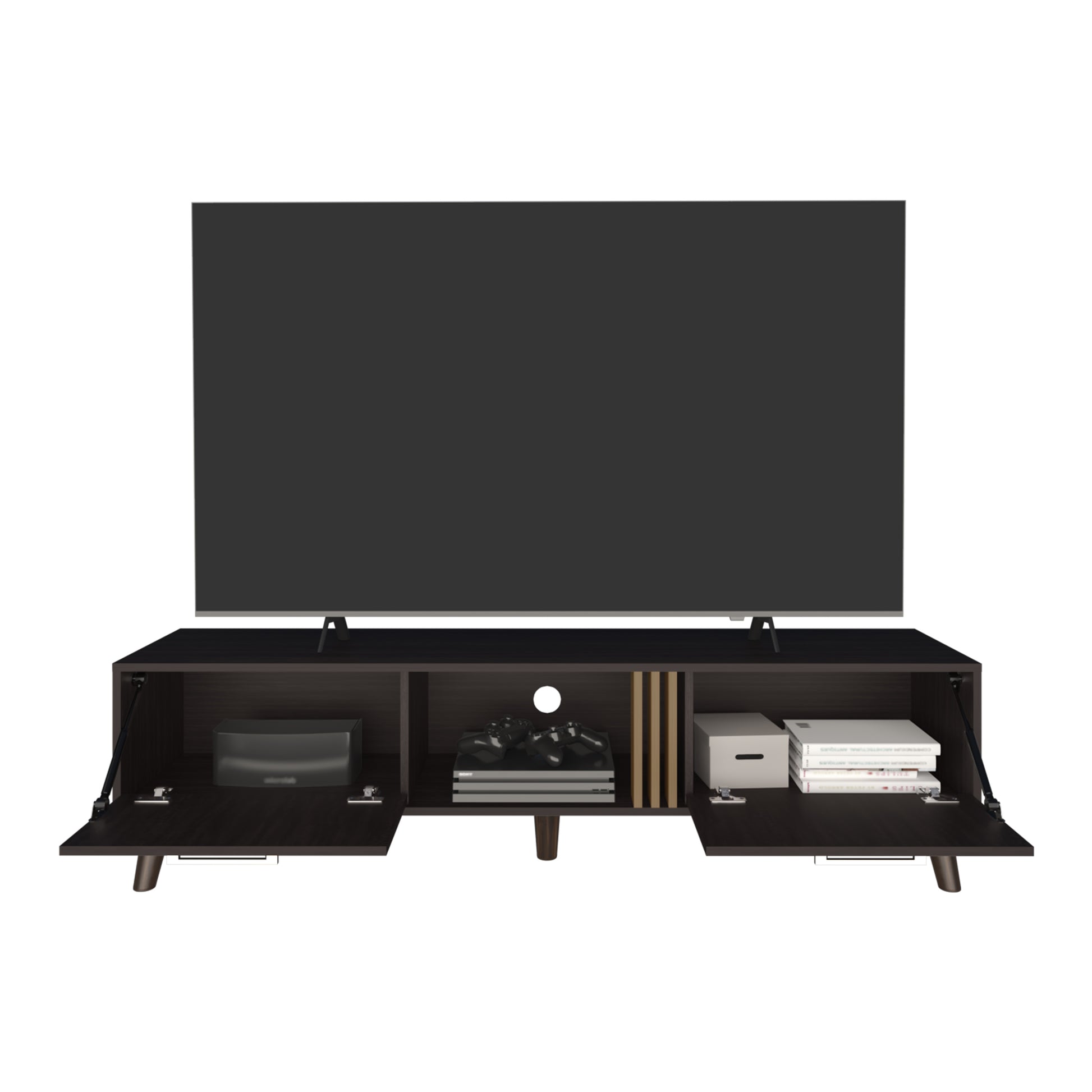 Dark wood TV stand with open compartments holding media devices and books