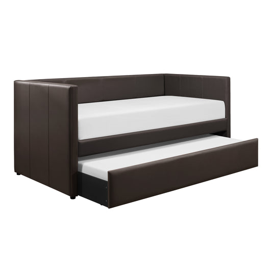 Dark brown faux leather daybed with a pullout trundle perfect for guest rooms