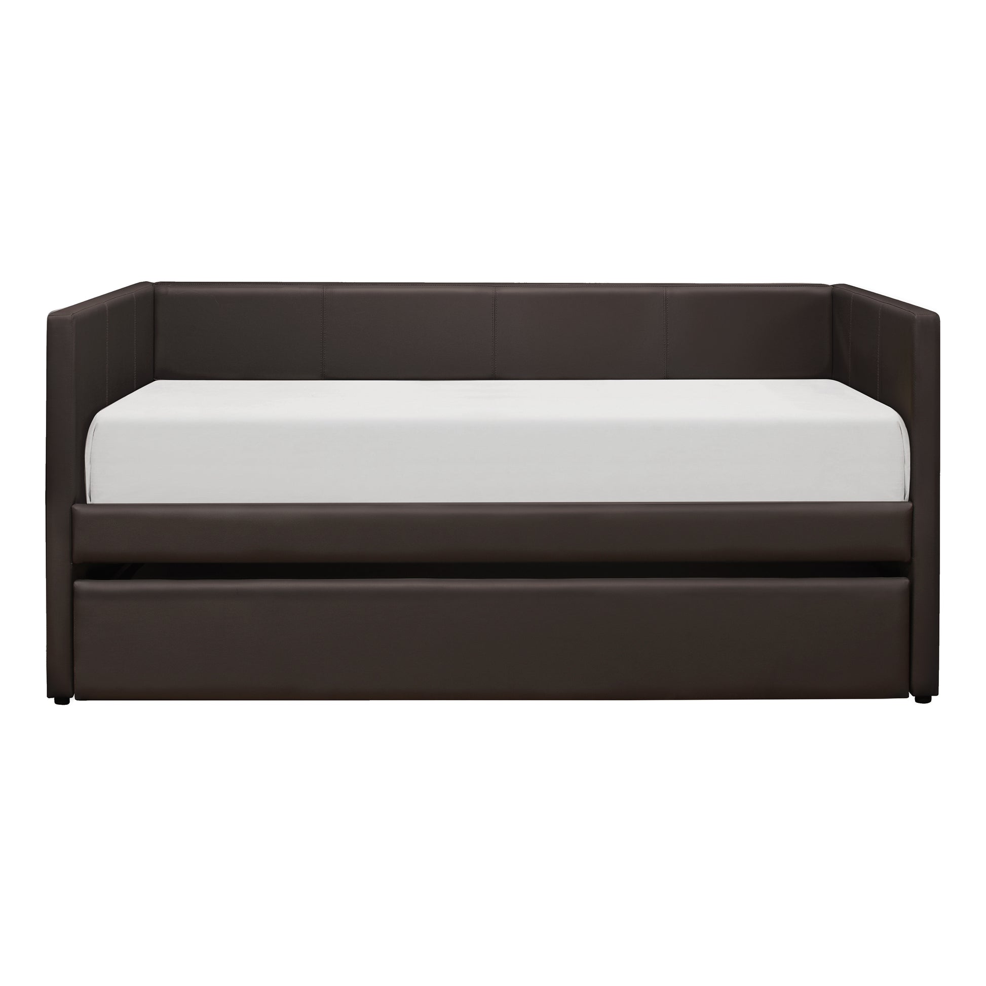 Dark brown faux leather daybed with a pullout trundle featuring clean lines for modern living spaces