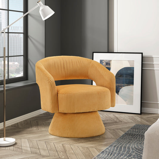 Plush yellow corduroy swivel chair with flared base and curved arms