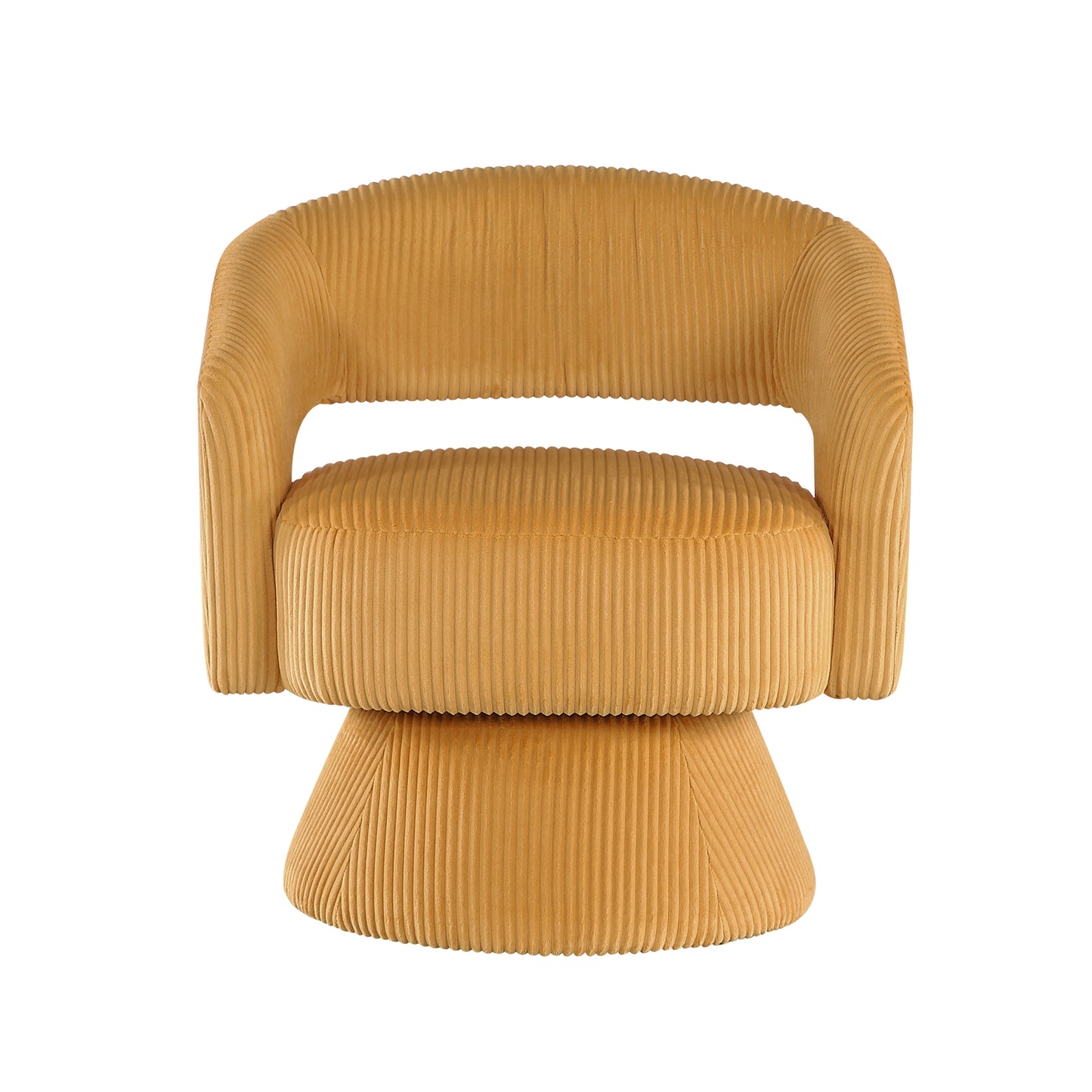 Mustard yellow corduroy swivel chair with plush rounded design for modern living rooms