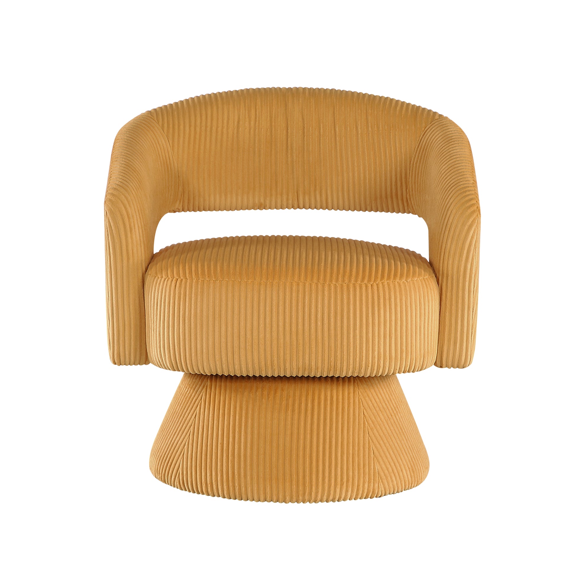 Mustard yellow corduroy swivel chair with plush rounded design for modern living rooms
