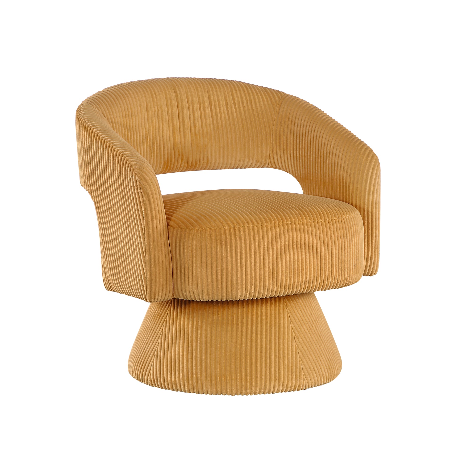 Yellow corduroy swivel accent chair with curved back and ribbed texture