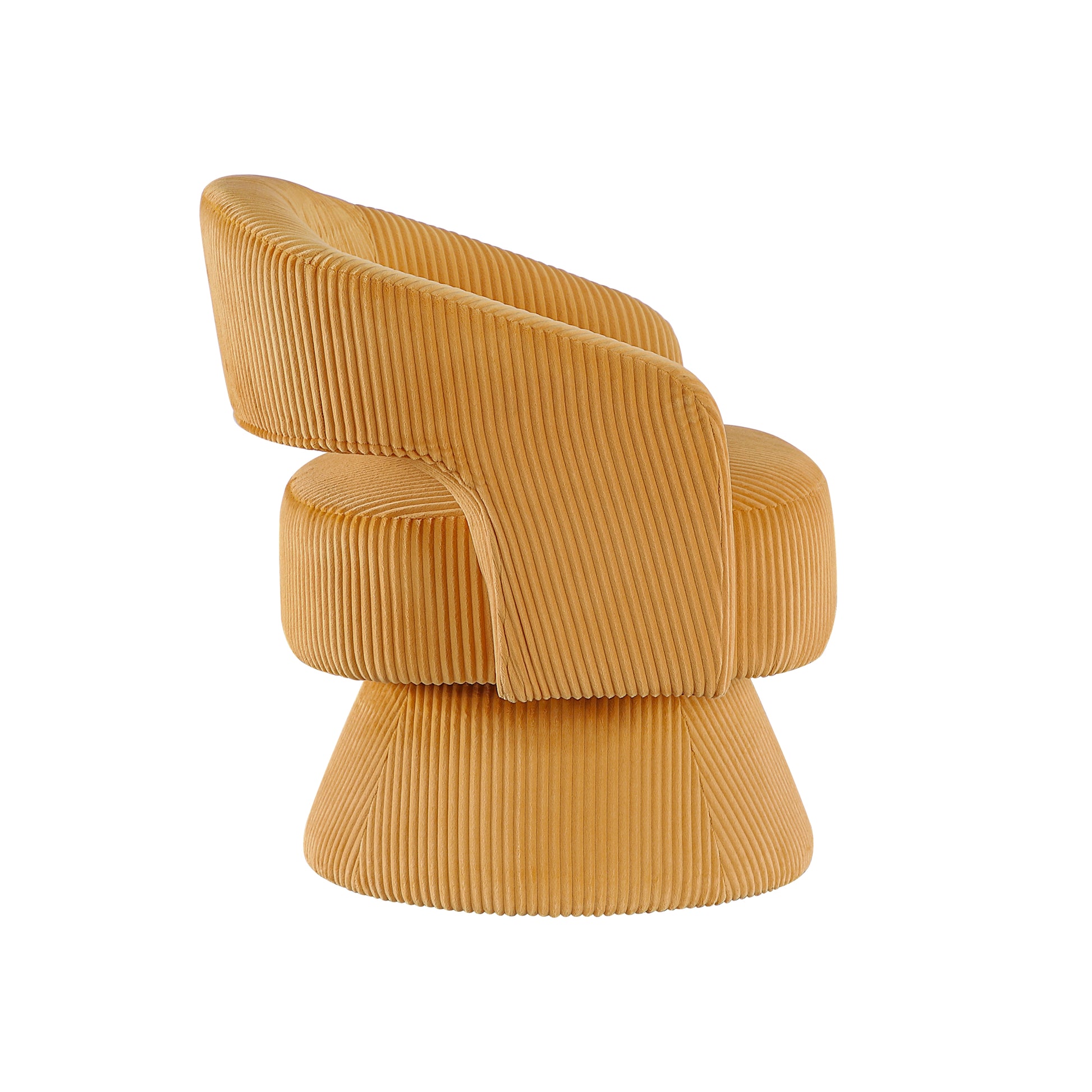 Modern corduroy armchair in mustard yellow featuring a swivel base and sculpted silhouette