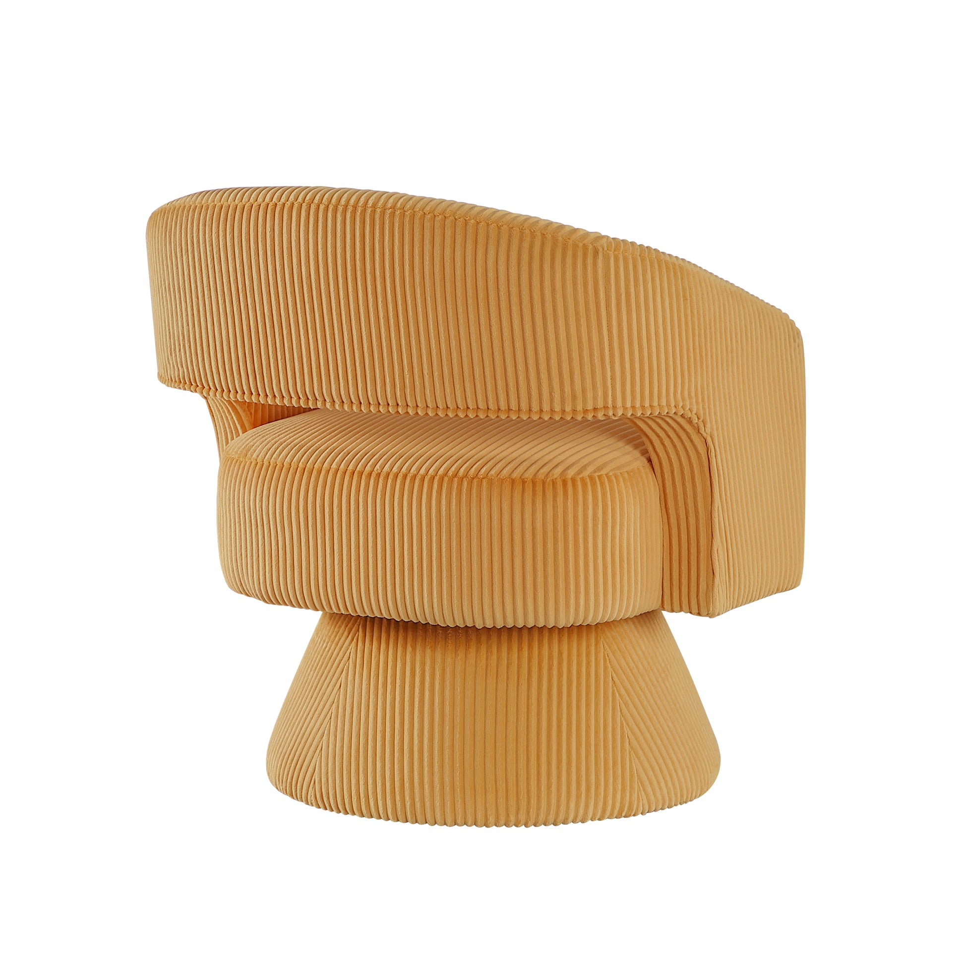 Mustard yellow corduroy swivel chair with rounded back and seat