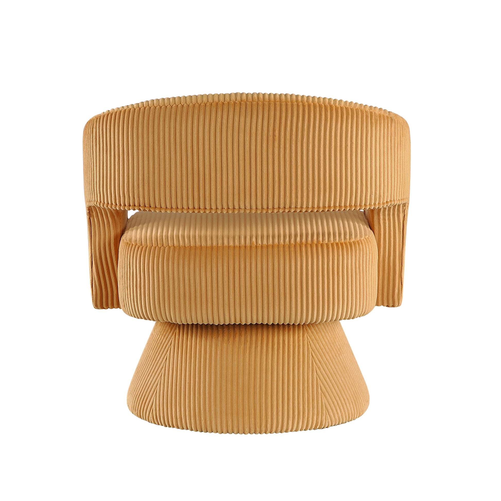 Textured tan corduroy accent chair with swivel base and curved back for modern living rooms