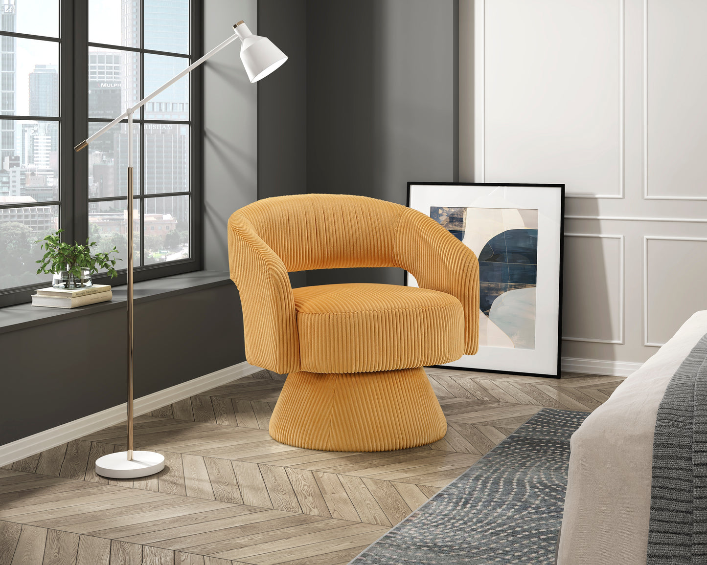 Orange corduroy accent chair with a swivel base and plush seating