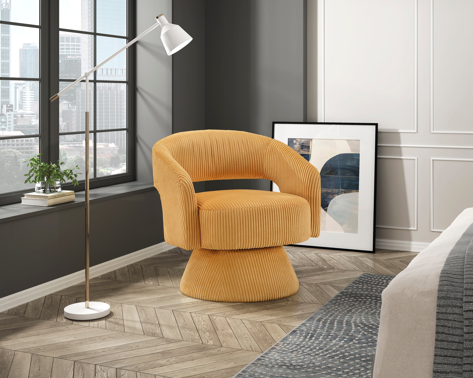 Orange corduroy accent chair with a swivel base and plush seating