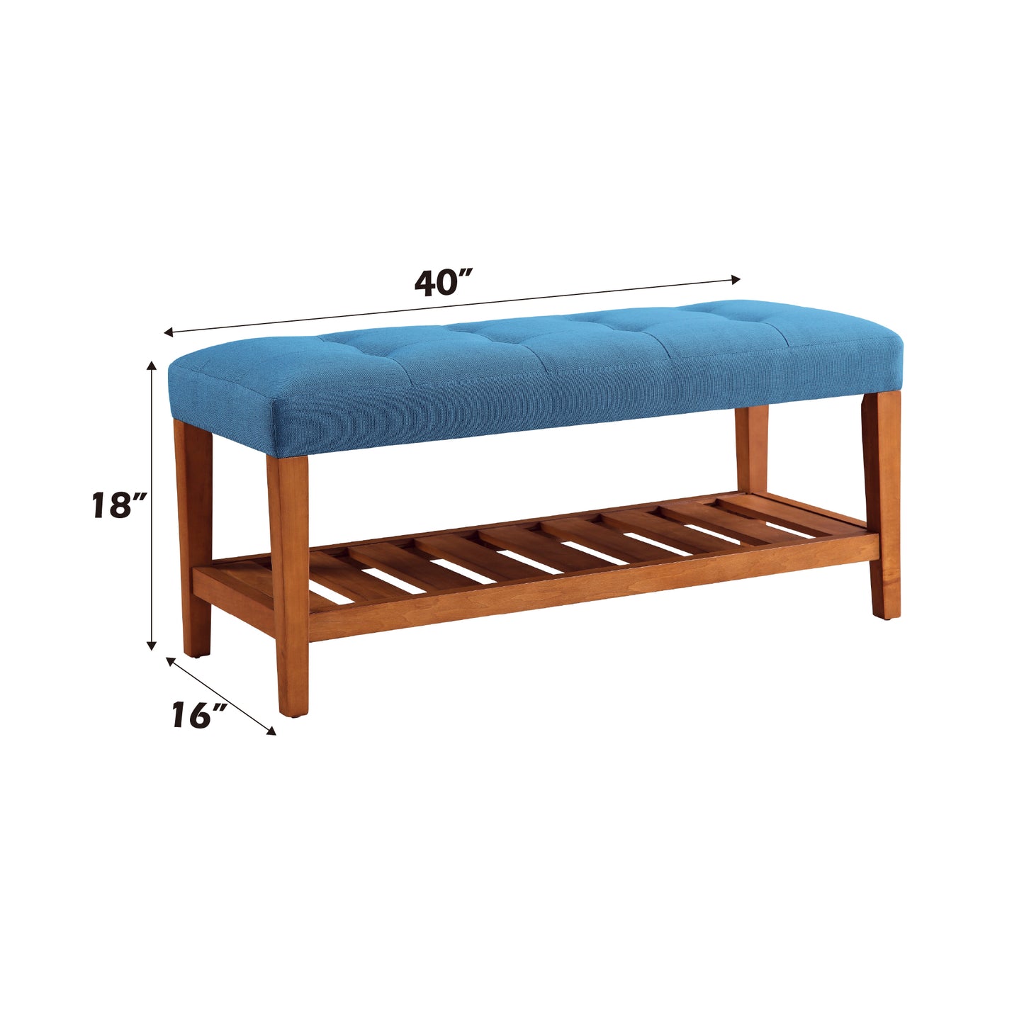 Tufted blue fabric bench with wooden legs and slatted shelf