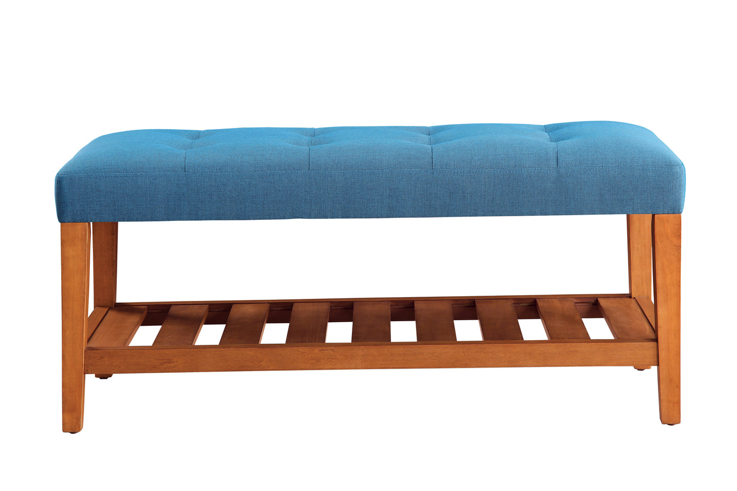Blue tufted entryway bench with wood slatted shelf