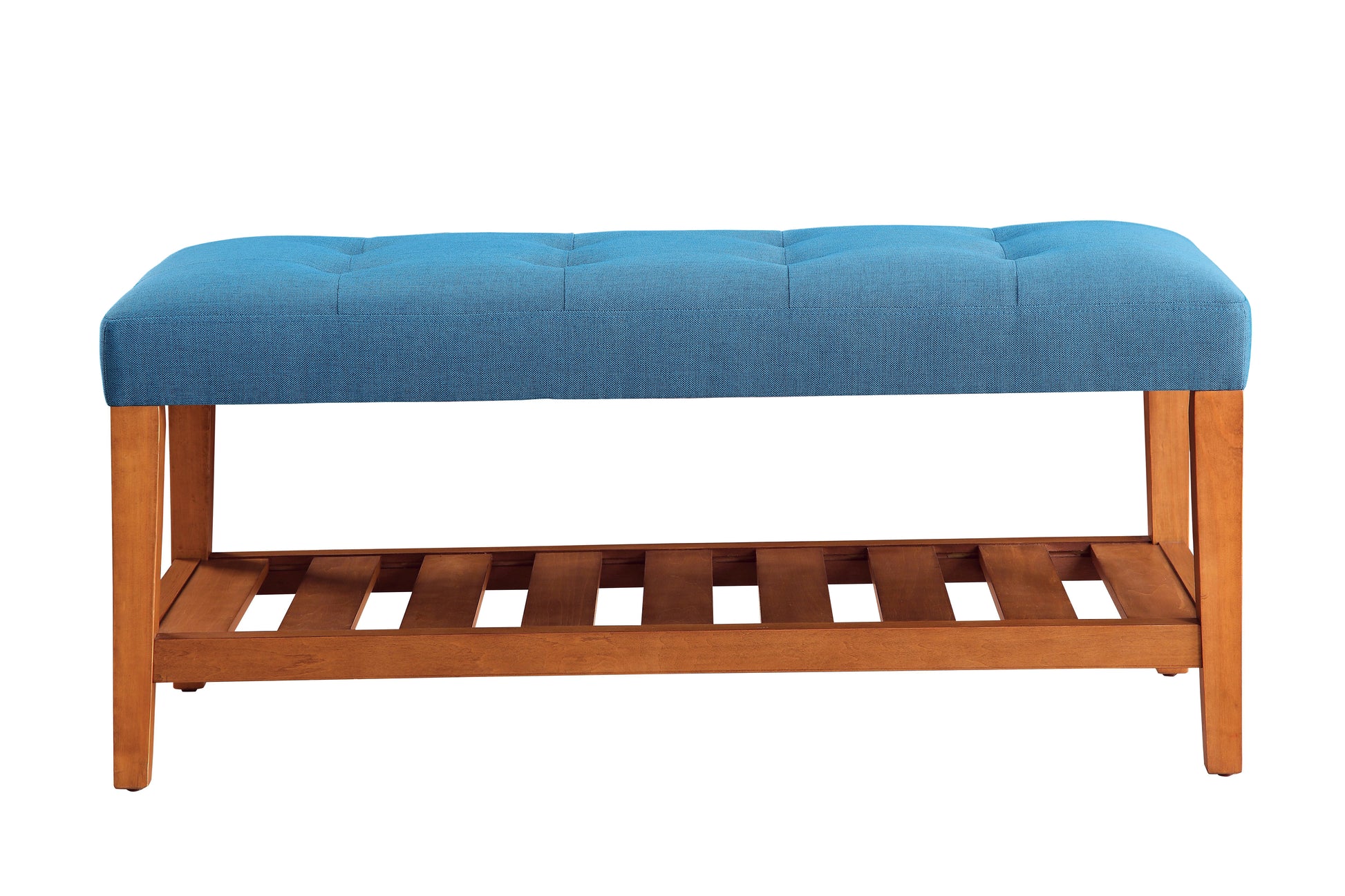 Blue tufted entryway bench with wood slatted shelf