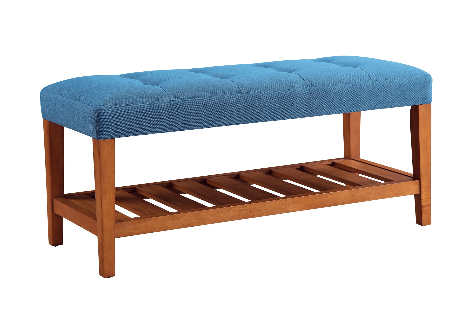 Blue tufted bench with wooden slatted shelf