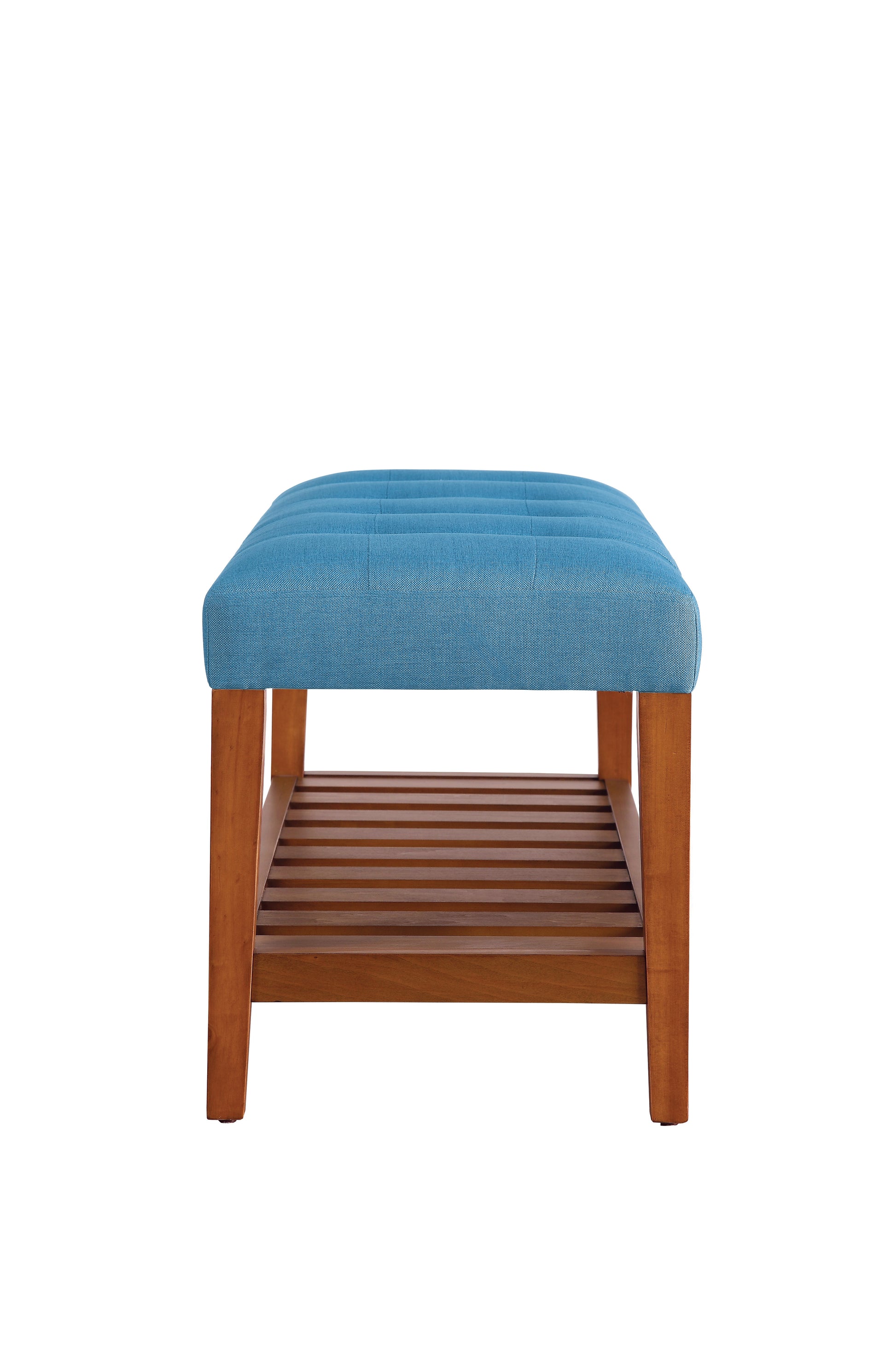 Tufted blue fabric ottoman with slatted wood storage shelf