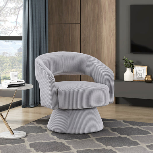Light grey corduroy swivel accent chair with rounded arms and a tufted seat