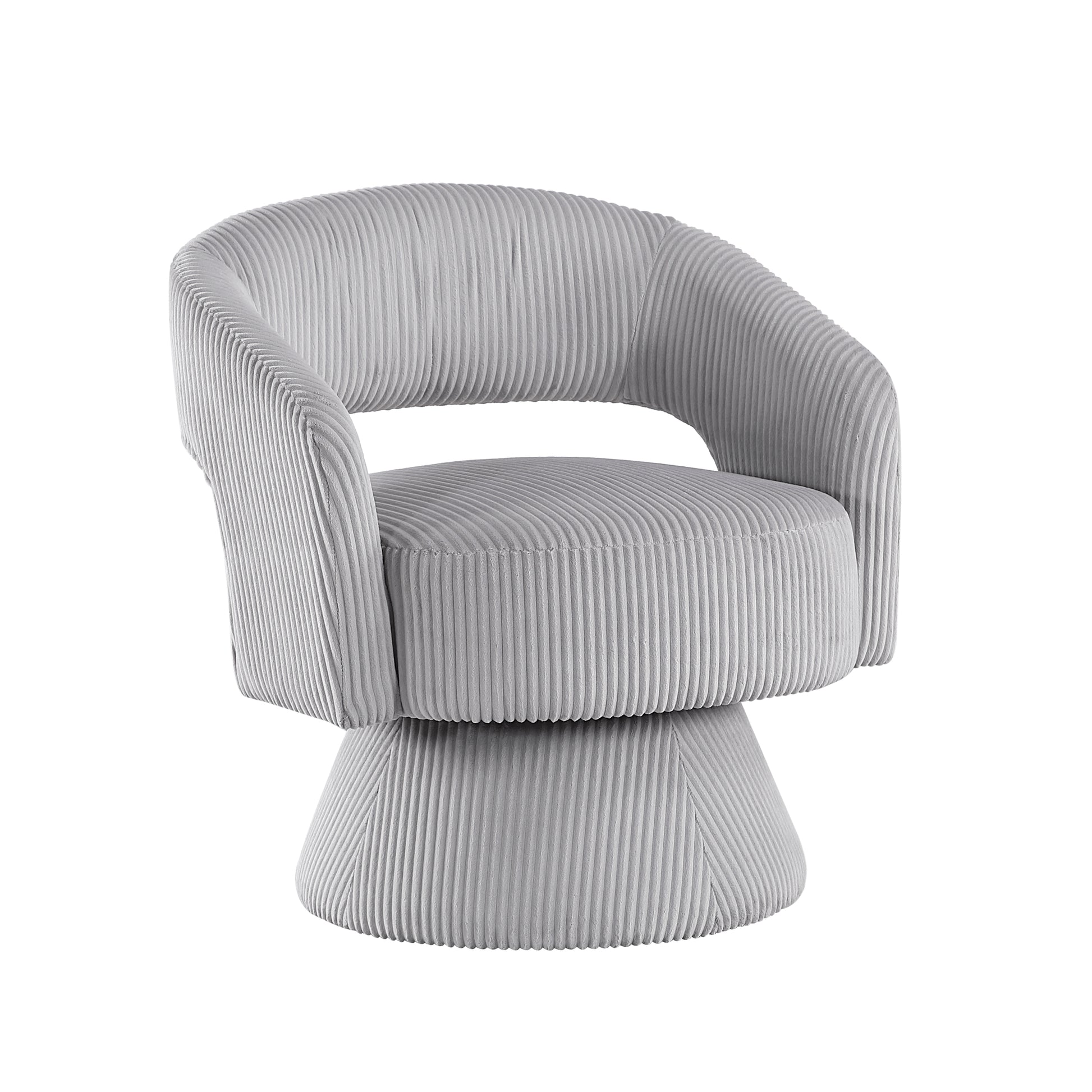 Gray corduroy accent chair with curved back and swiveling base
