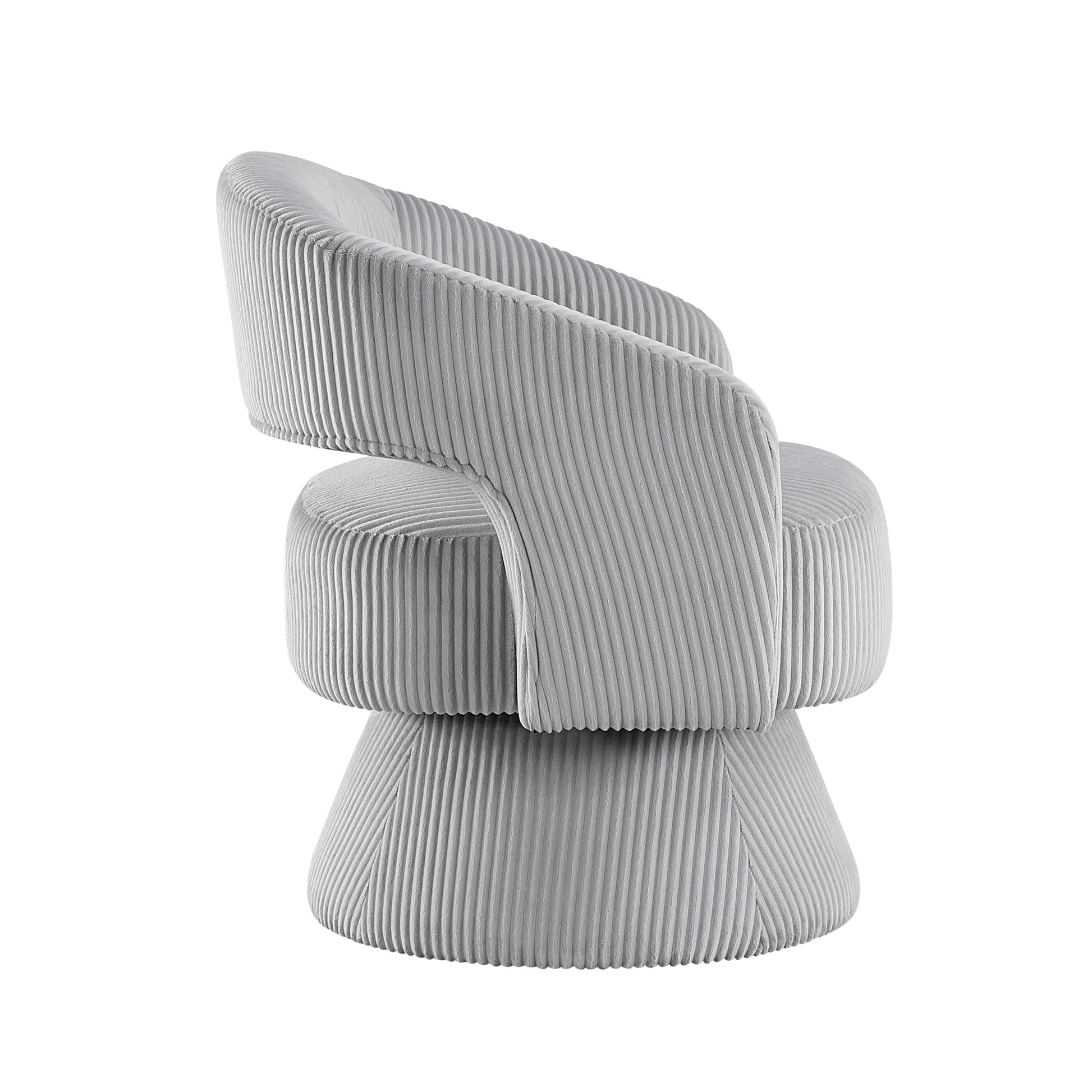Soft grey velvet armchair with vertical ribbed texture and swiveling base