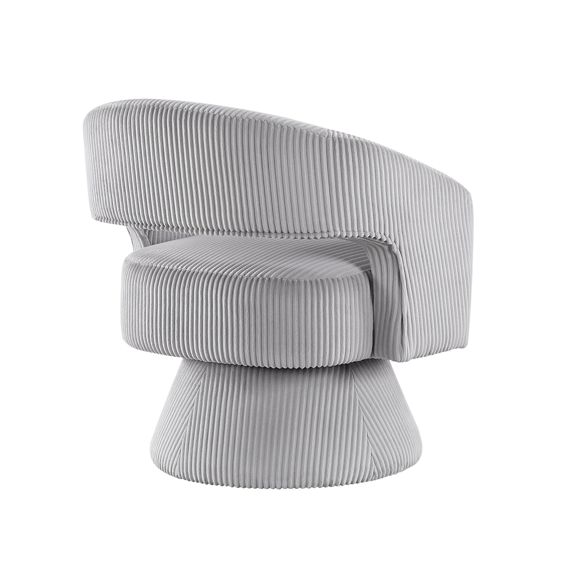 Gray corduroy swivel chair with a curved back and circular seat