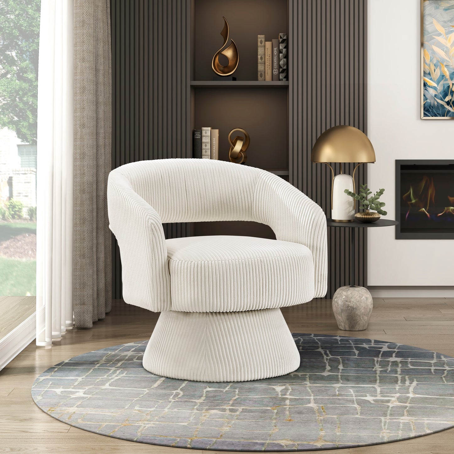Cream corduroy swivel armchair with plush upholstery perfect for a cozy living room accent