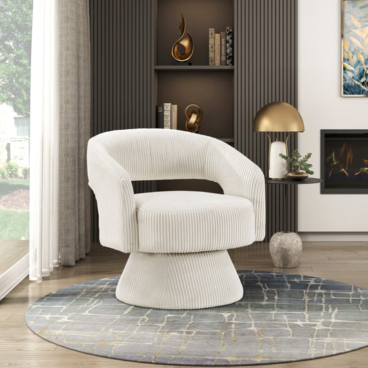 Cream corduroy swivel armchair with plush upholstery perfect for a cozy living room accent