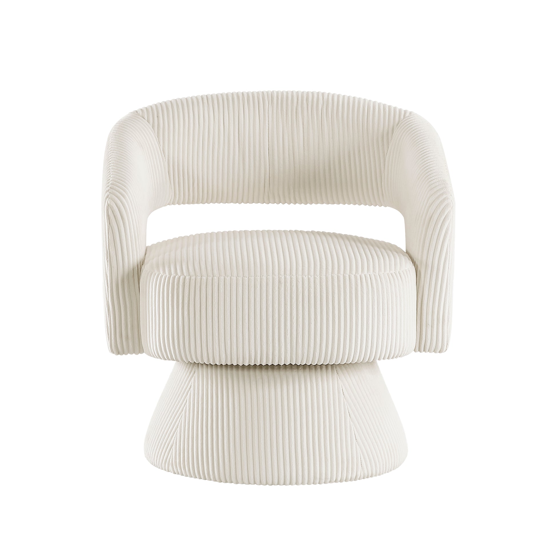 Cream corduroy swivel accent chair with rounded silhouette