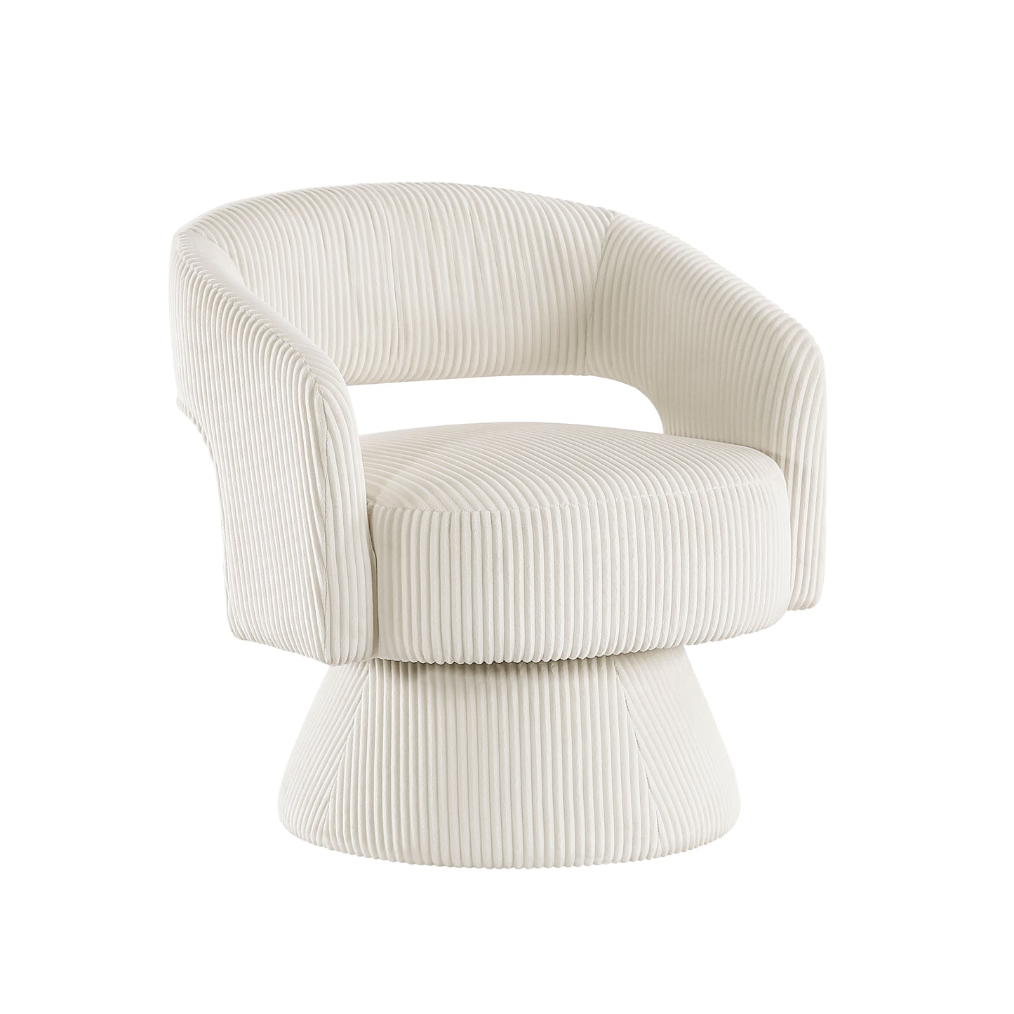 Cream corduroy swivel accent chair with a rounded back and plush seat for modern living rooms