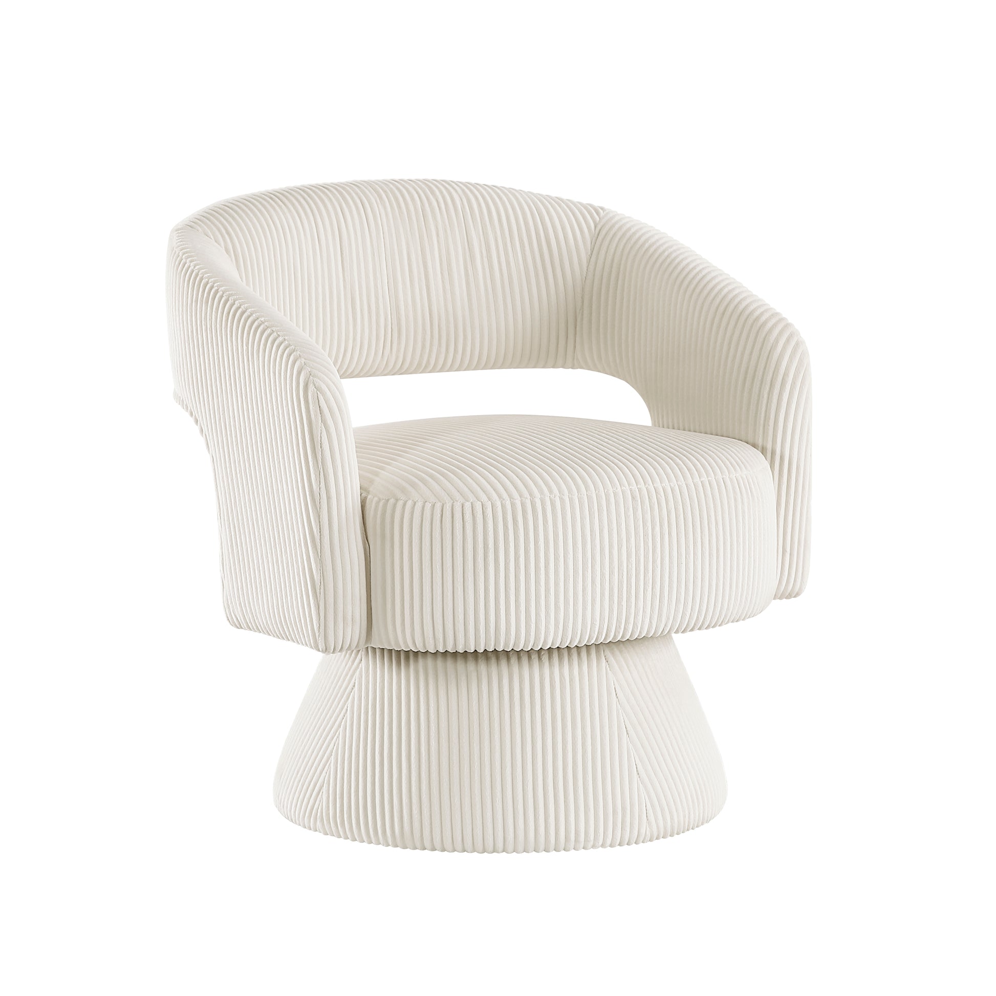 Cream corduroy swivel accent chair with a rounded back and plush seat for modern living rooms