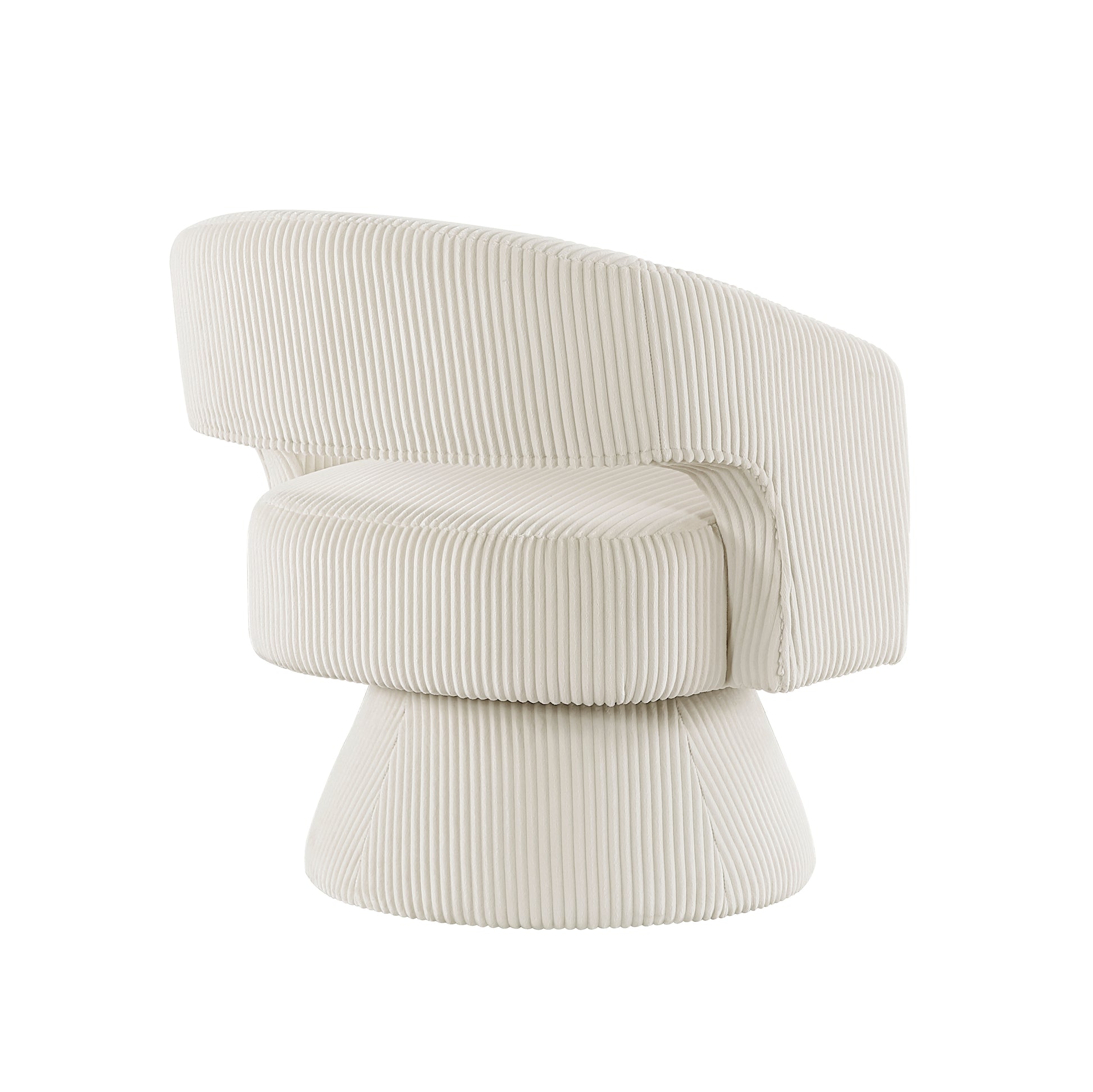Cream corduroy armchair with curved back and swiveling base modern design