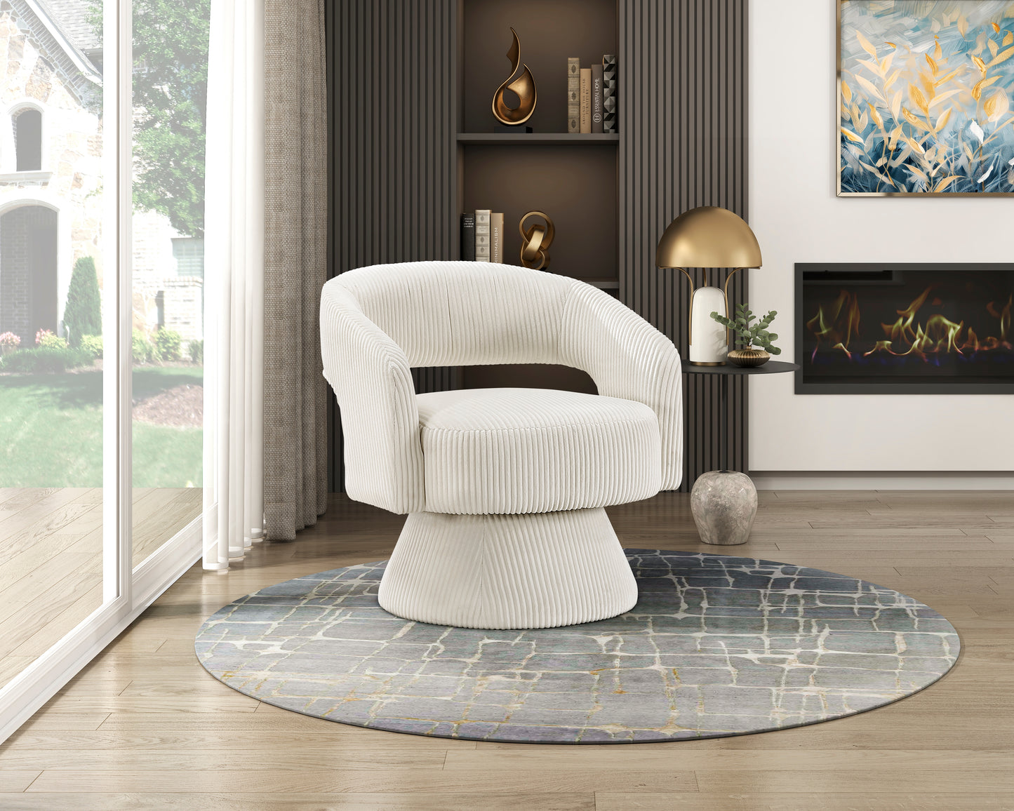 Cream corduroy swivel accent chair with plush textured upholstery and a rounded silhouette