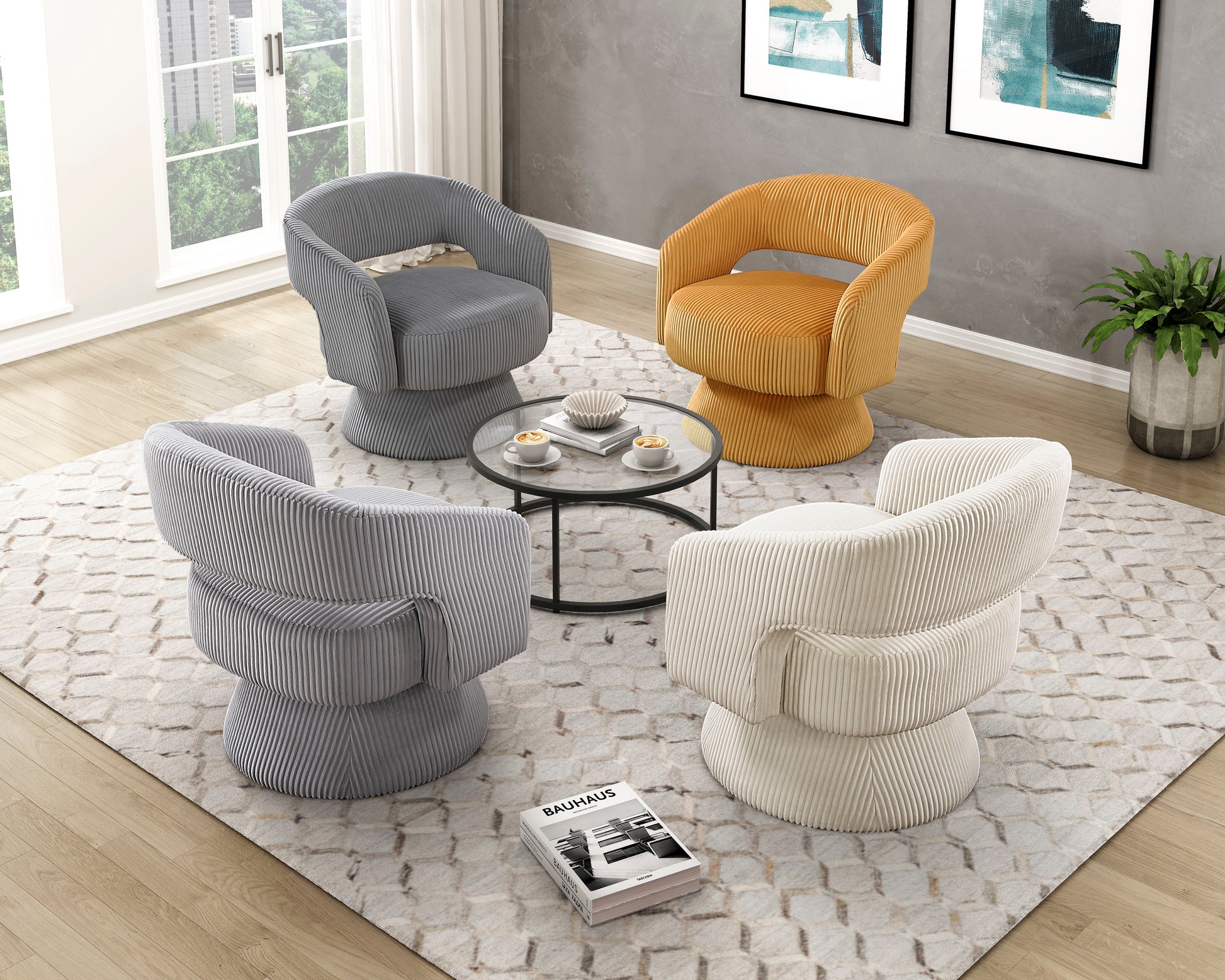 Cream corduroy accent chair with ridged design perfect for modern living rooms