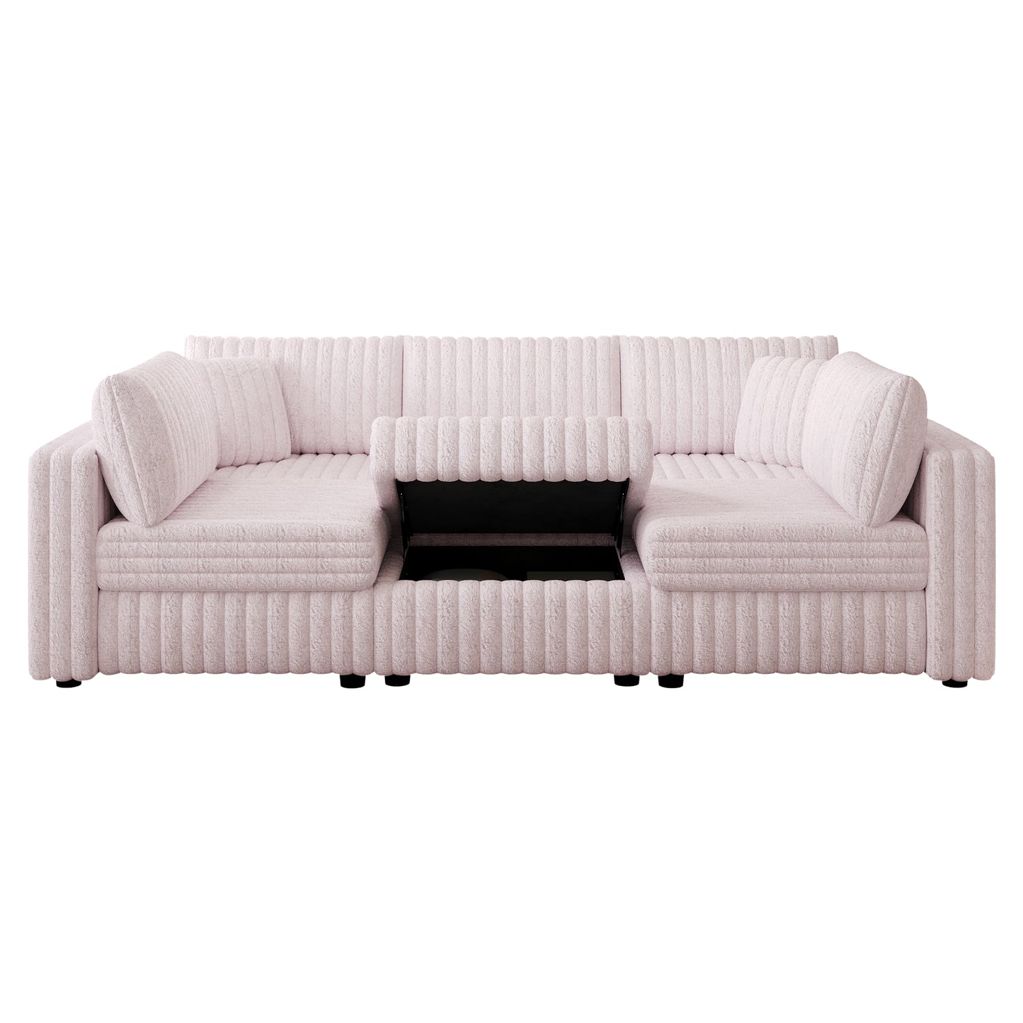 Pale pink corduroy sofa with hidden storage compartment and throw pillows